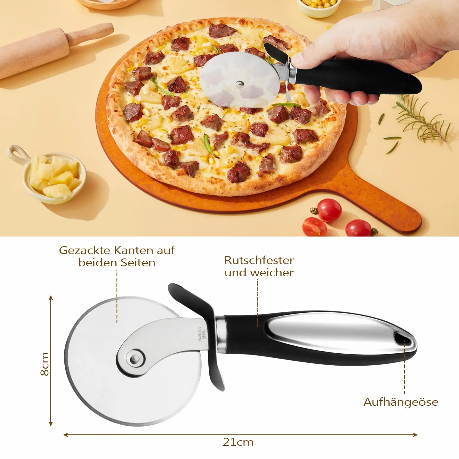 2-częściowy Nóż Do Pizzy I Łopatka Do Ciasta – Uchwyt Antypoślizgowy, Ostry Nóż Do Pizzy Ze Stali Nierdzewnej, Kuchenny Nóż Do Pizzy Z Ostrzem Kołyskowym, Gadżety Kuchenne, Można Myć W Zmywarce