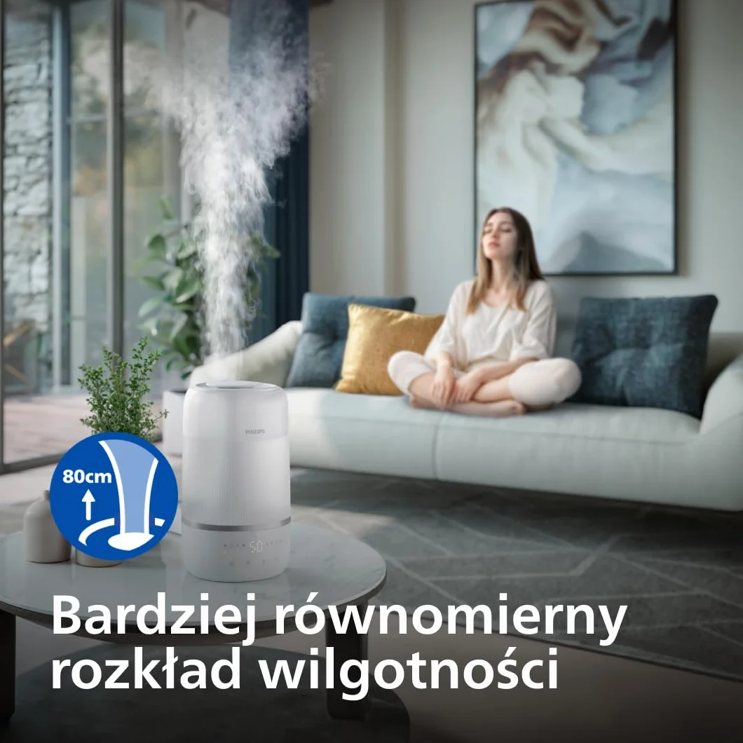 Philips Inteligentny nawilżacz, kompaktowy i mocny, z mgiełką Sky High, czas pracy do 32 godzin, aromaterapia, cichy, z ustawieniem snu i lampką nocną, do pomieszczeń o powierzchni do 38m² (HU1509/00)