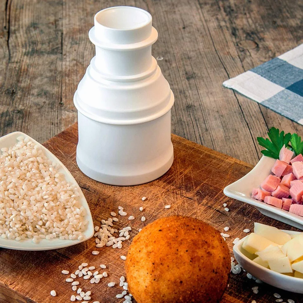 Syrisora foremka do arancini z mięsem, foremka na nadziewane pulpeciki, foremka na kulki ryżowe, plastikowa łyżka, przybory kuchenne do gotowania, prasa stożkowa, zestaw DIY (Biały