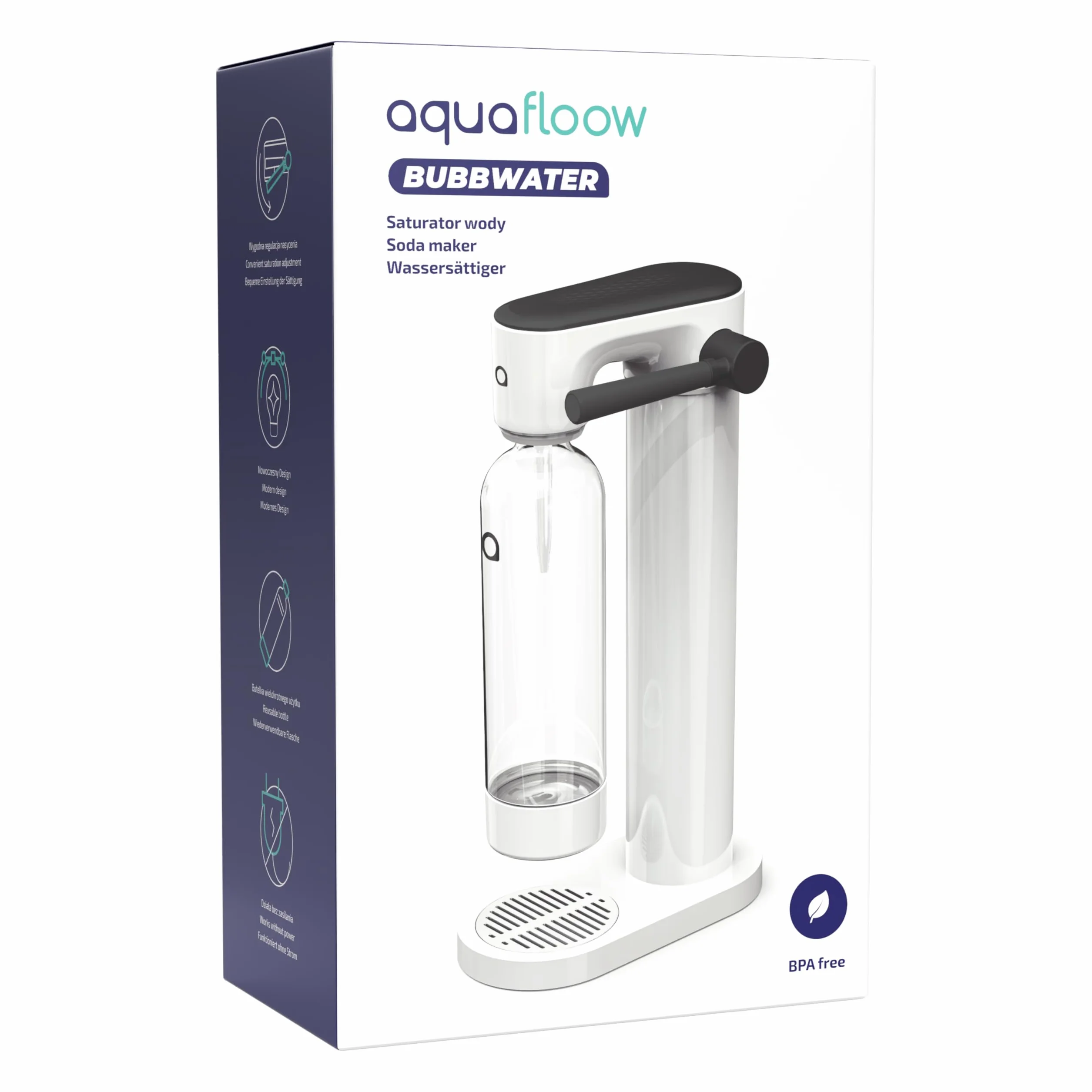 Aquafloow Saturator do Wody Gazowanej z 2 Butelkami 0,8L i Nabojem CO₂ 60L | Domowa Maszyna do Gazowania Wody bez Prądu | Carbonator z Butelkami Wielokrotnego Użytku – Biały