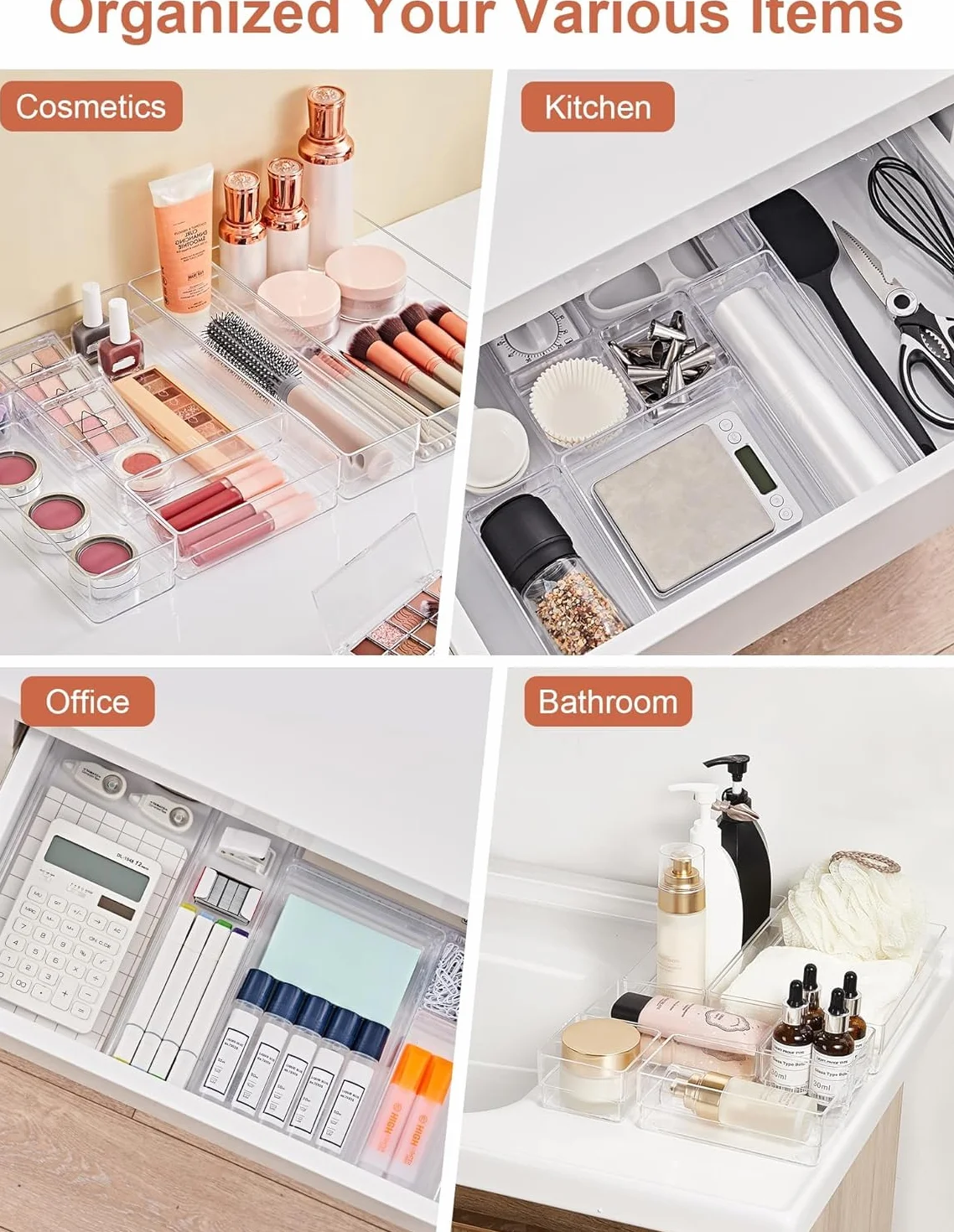 Collazoey System Organizacji Szuflad, Przezroczysty Organizer na Toaletkę, 4 Rozmiary, Antypoślizgowy, na Przybory do Makijażu, Łazienki, Kuchni, Biura, Komodę, 25 Sztuk