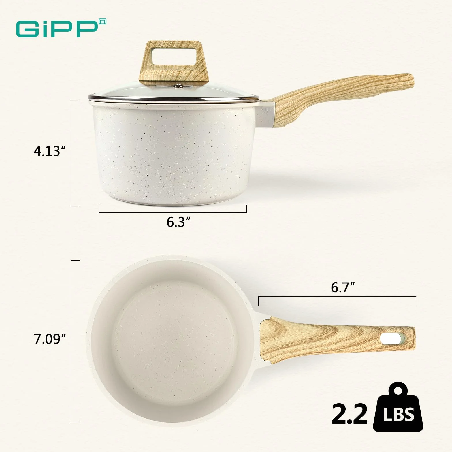 GiPP Rondel z pokrywką, 18 cm, mały, garnek indukcyjny, z powłoką zapobiegającą przywieraniu, uchwyt bakelitowy, garnek do gotowania na sos 18 cm, do kuchenek indukcyjnych, bez PFOA, biały
