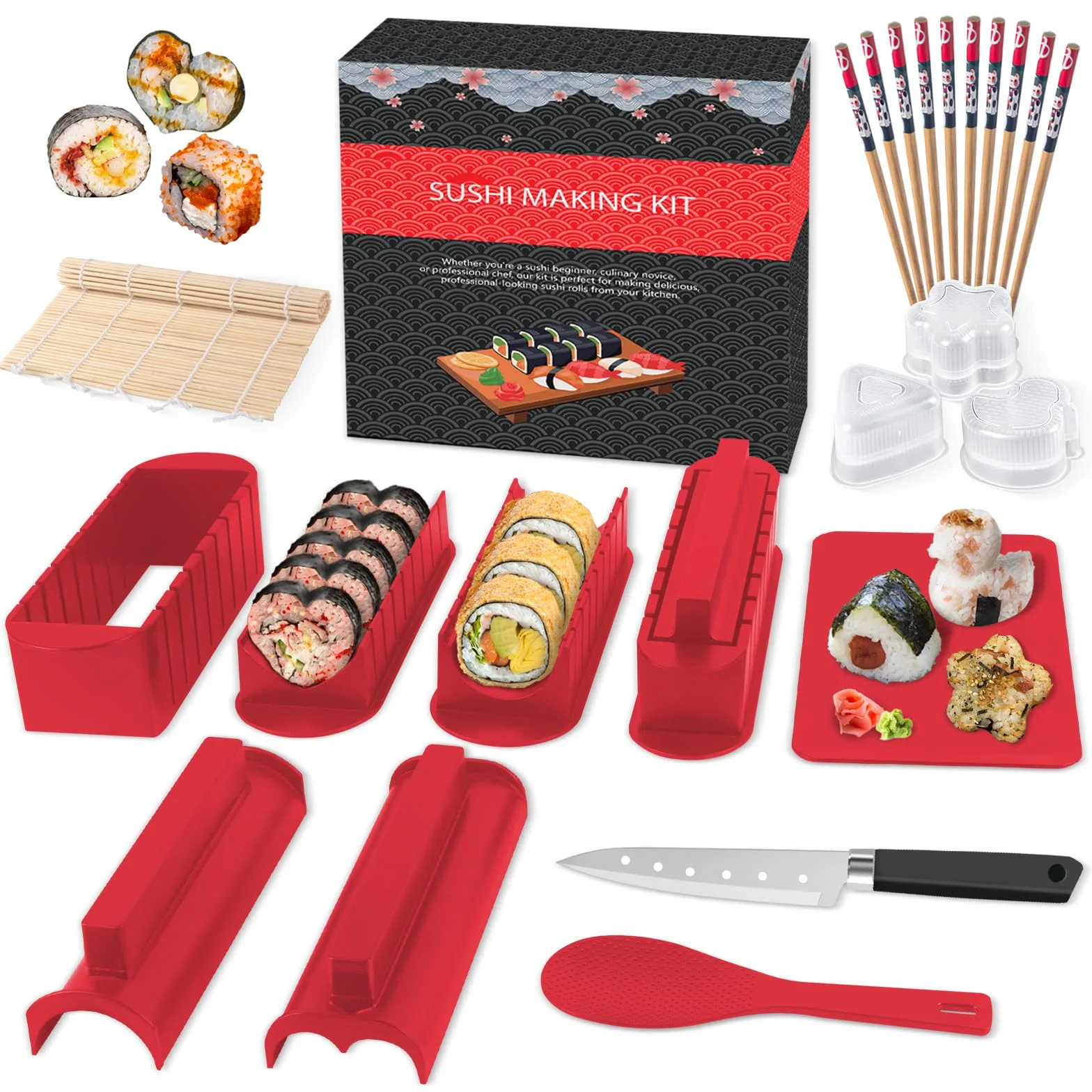 Zestaw talerzy do sushi, 20 artykułów, dla początkujących, do samodzielnego wykonania, mogą być używane jako talerze do sushitów z rolkami ryżu, widelcem, nożem, matą do rolkowania, pałeczkami