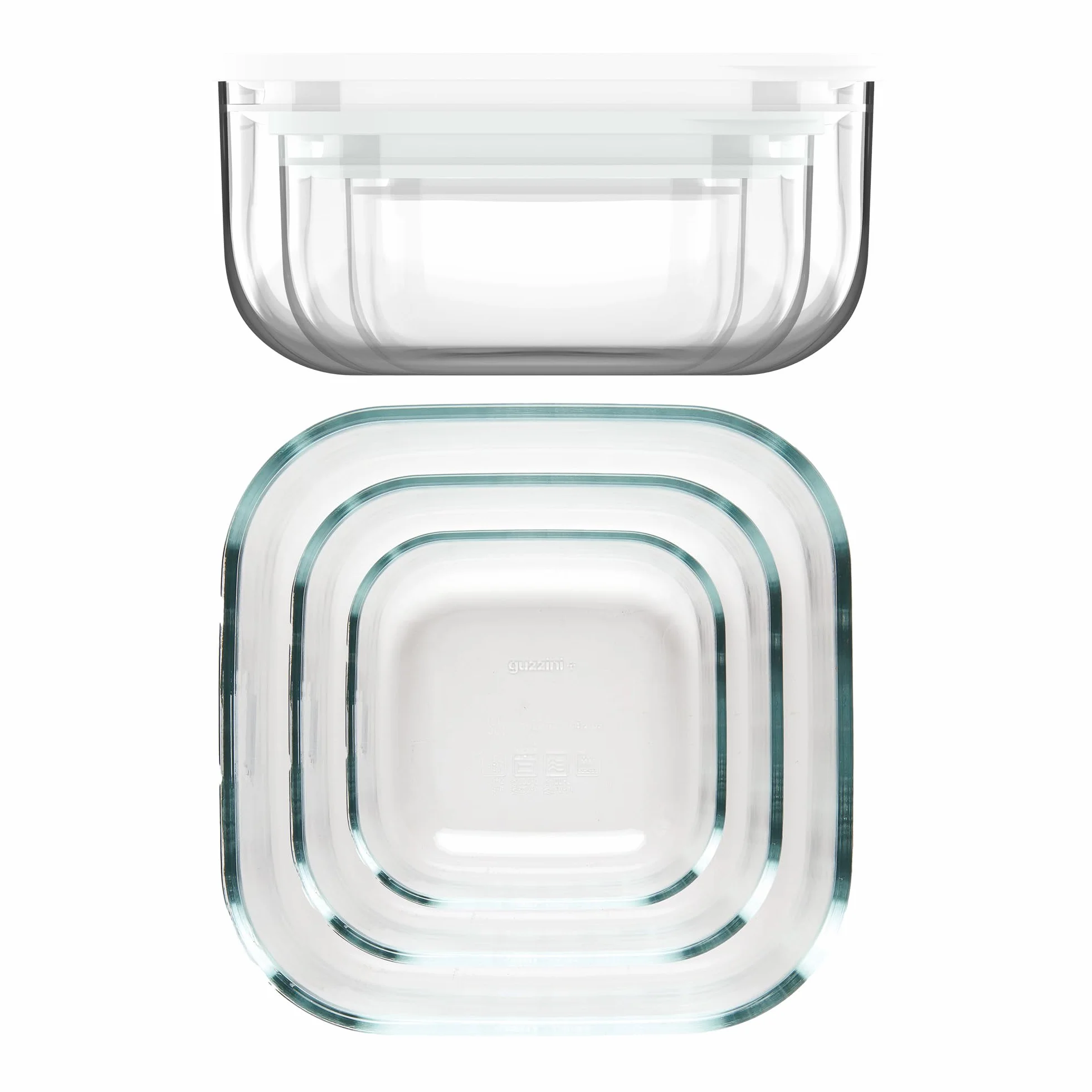 Guzzini - Kitchen Active Design, STORE&MORE GLASS Zestaw 3 hermetycznych szklanych pojemników do lodówki/zamrażarki/mikrofalówki - Przezroczysty, 19,5x19,5xh9,3 cm | 410/965/1900 cc - 11330311