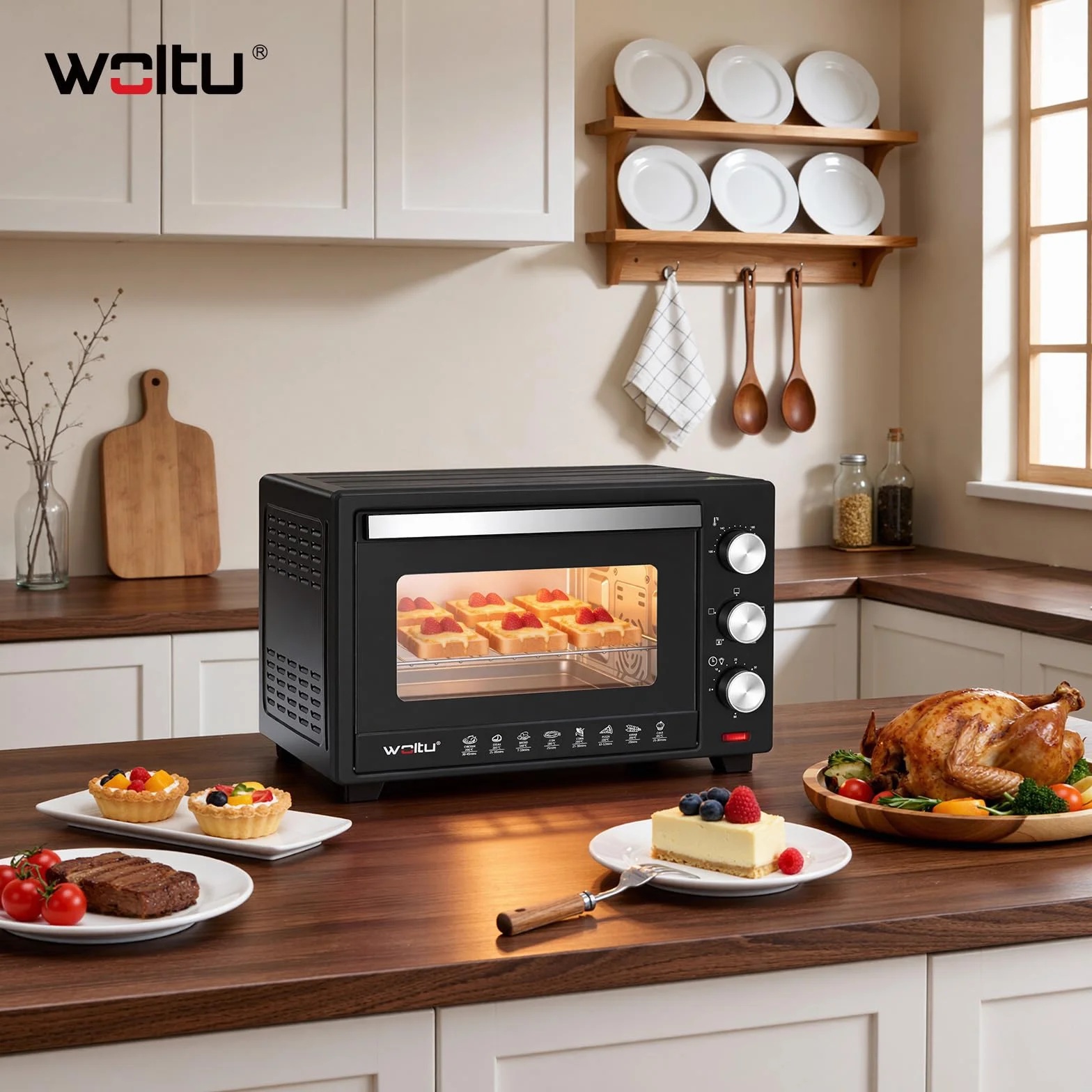 WOLTU mini piekarnik 25 litrów, piekarnik toster 1500 W | Piec do pizzy | Taca na okruchy z minipiekarnikiem z timerem do pizzy, tostów, indyka, czarnych hot-dogów