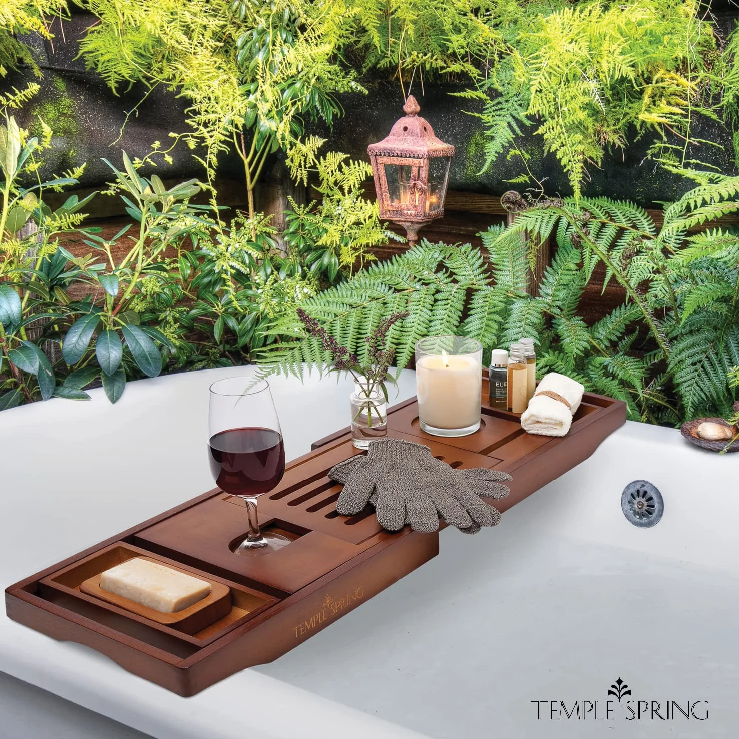 Temple Spring Półka na wannę z uchwytem na świece, kieliszek do wina, książkę, tablet, iPad i telefon. Wysuwany mostek naturalny, 100% bambus (Brązowy)
