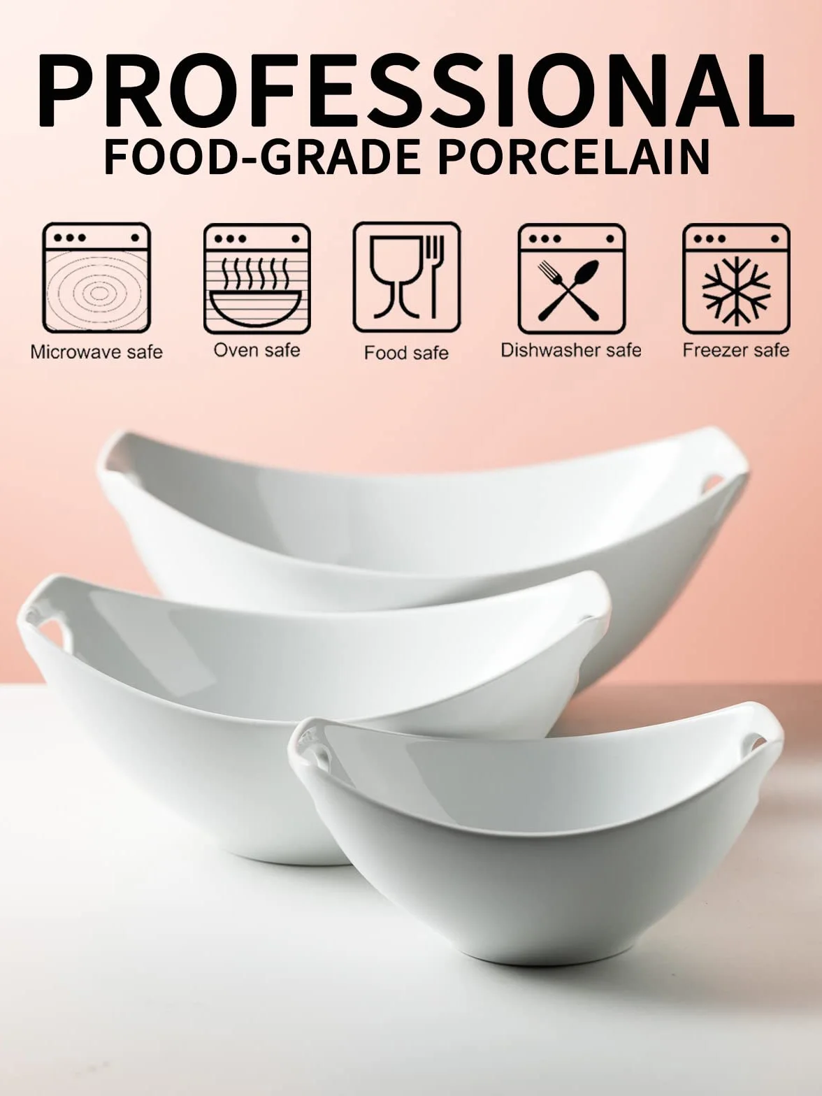 Gomakren Zestaw 3 porcelanowych misek z uchwytami, białe talerze mieszające miska zestaw rozrywkowy, zestaw misek do zagnieżdżania naczyń, zmywarka i piekarnik,