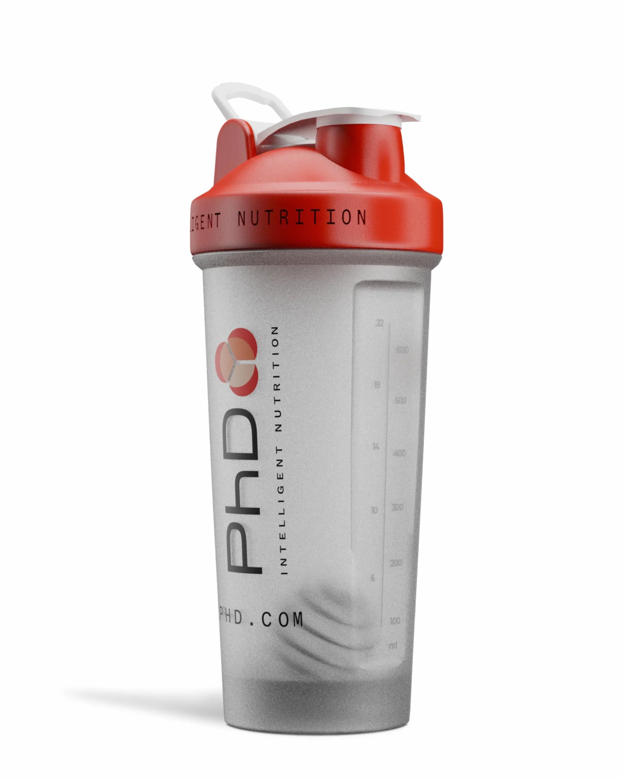 PhD Nutrition Mixball Shaker Shaker do koktajli proteinowych, trzepaczka druciana, czerwona pokrywka bez kapania, przezroczysty kolor, 600 ml