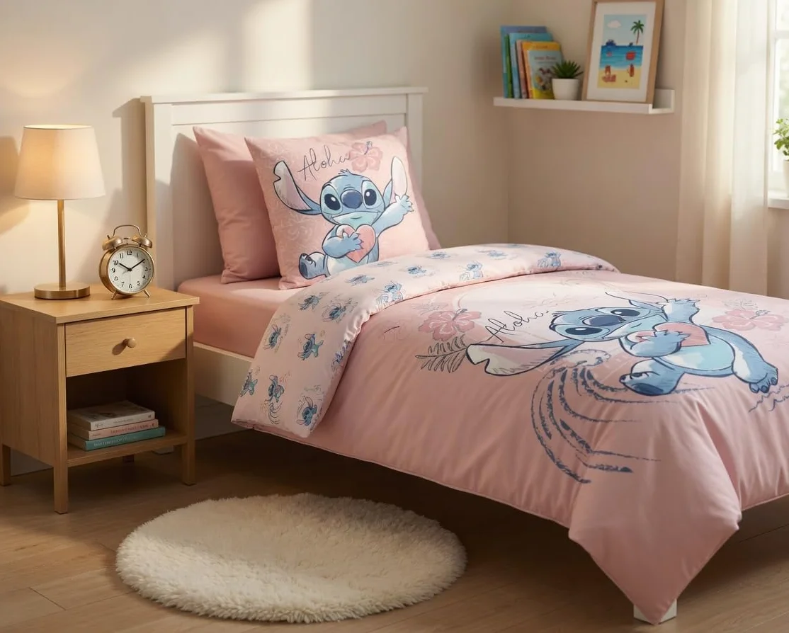 Disney Stitch różowy komplet pościeli, 100% bawełna, poszwa na kołdrę 140 x 200 cm i poszewka na poduszkę 65 x 65 cm