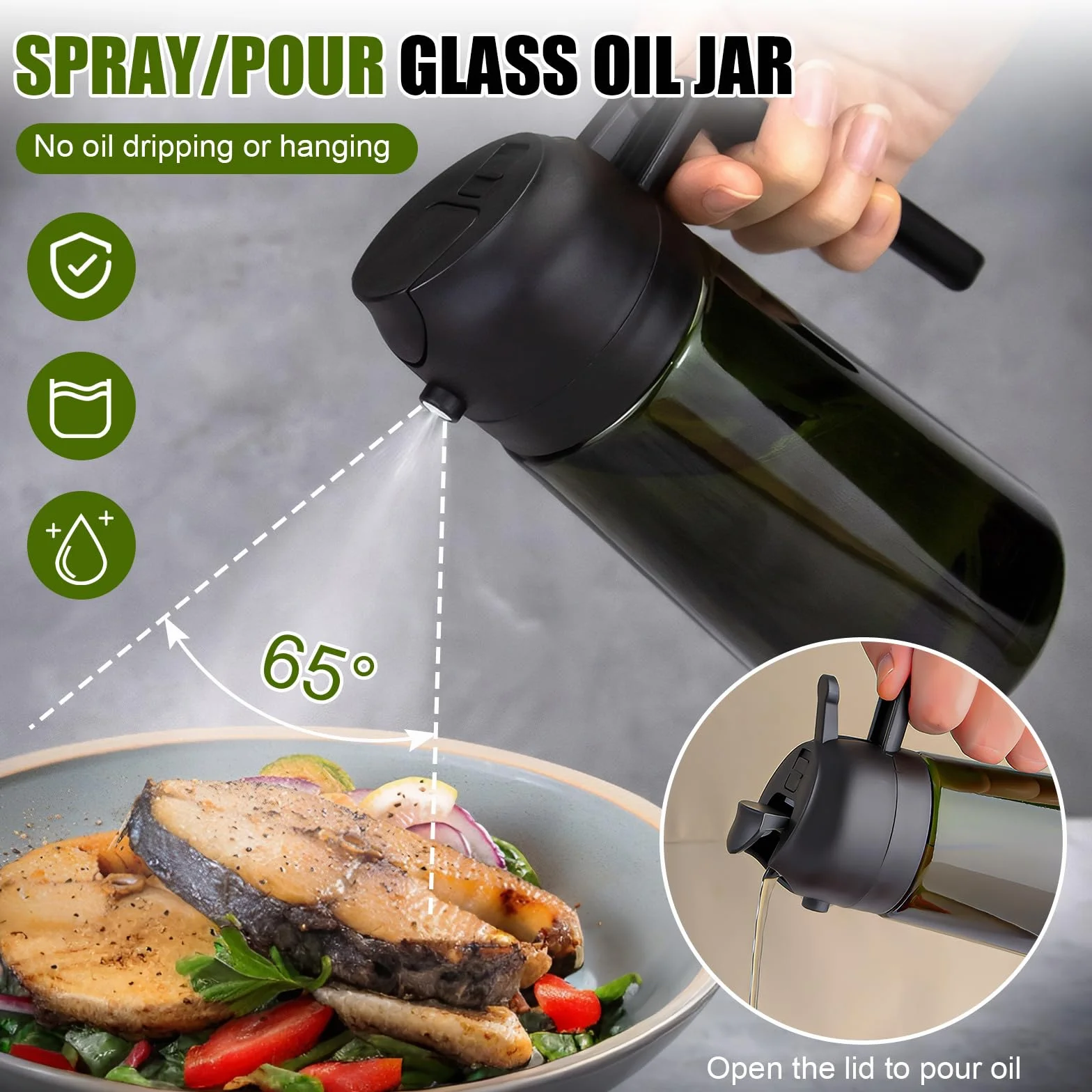 Opryskiwacz do oleju do kuchni - dozownik i opryskiwacz oleju 2 w 1, butelka 470 ml ze szkła premium z wylewką zapobiegającą kapaniu, idealny do kuchni, frytkownicy na powietrzu, grillowania i sałatek