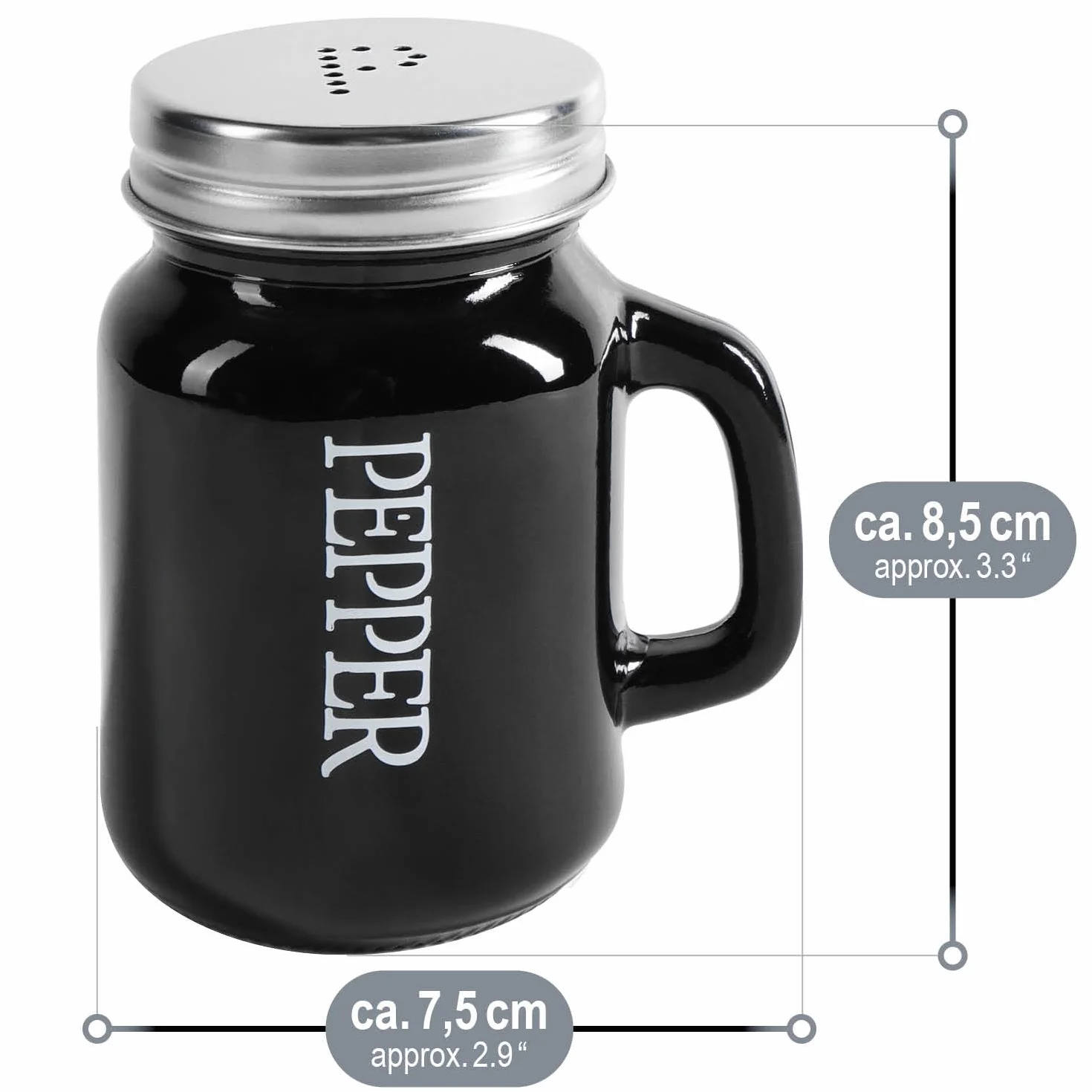COM-FOUR® 4-czesciowy zestaw solniczka i pieprzniczka - szejker do przypraw z zakrecana pokrywka i uchwytem - sloiczek na przyprawy w ksztalcie kufla do piwa z napisem (4 czesci - szklo czarno-biale)