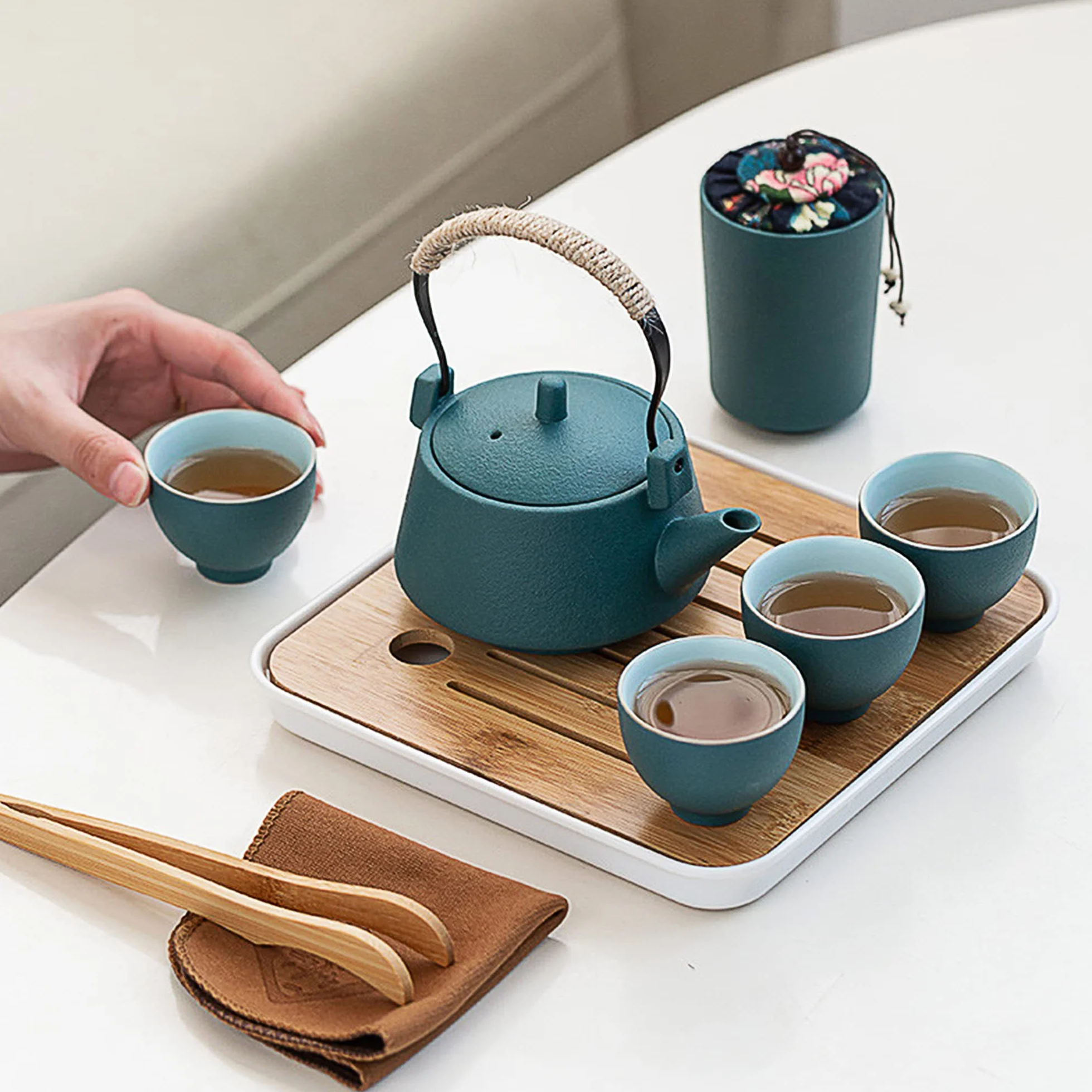 fanquare Japoński zielony zestaw do herbaty Kung Fu, chiński przenośny zestaw do herbaty z tacą, porcelanowy upominkowy zestaw do herbaty dla dorosłych, podróżny zestaw do herbaty
