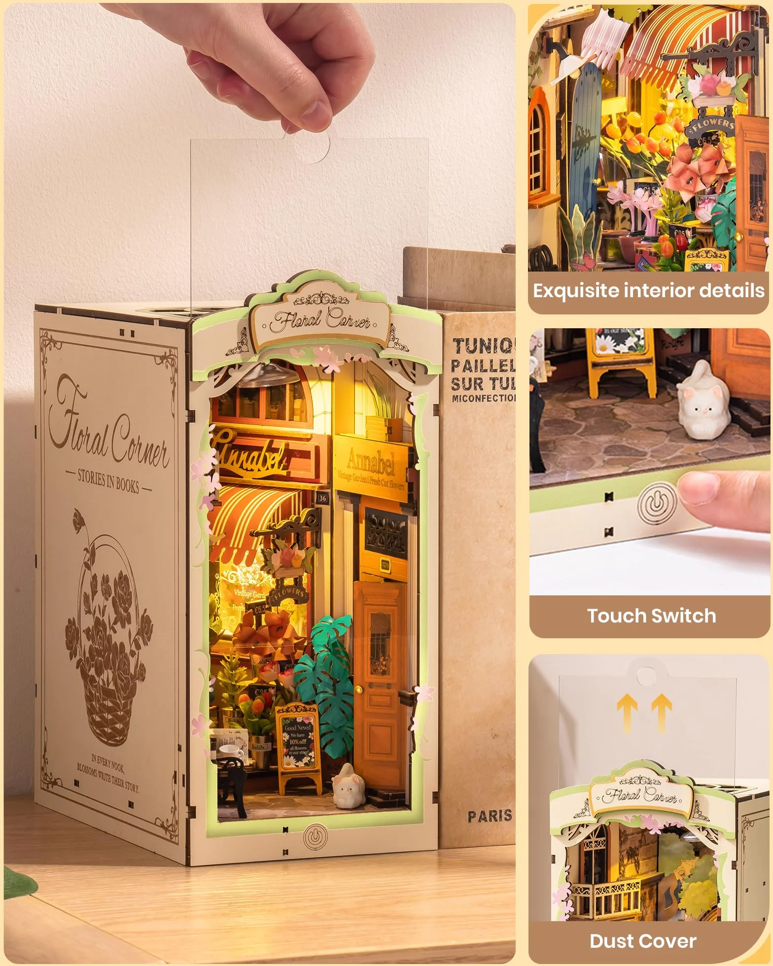 ROBOTIME Zestawy do zakamarków dla dorosłych, kwiatowy narożnik z osłoną przeciwpyłową, Booknook, DIY, miniaturowy zestaw do domu, 3D, drewniane, puzzle, podpórka na książki, półka, dekoracja,