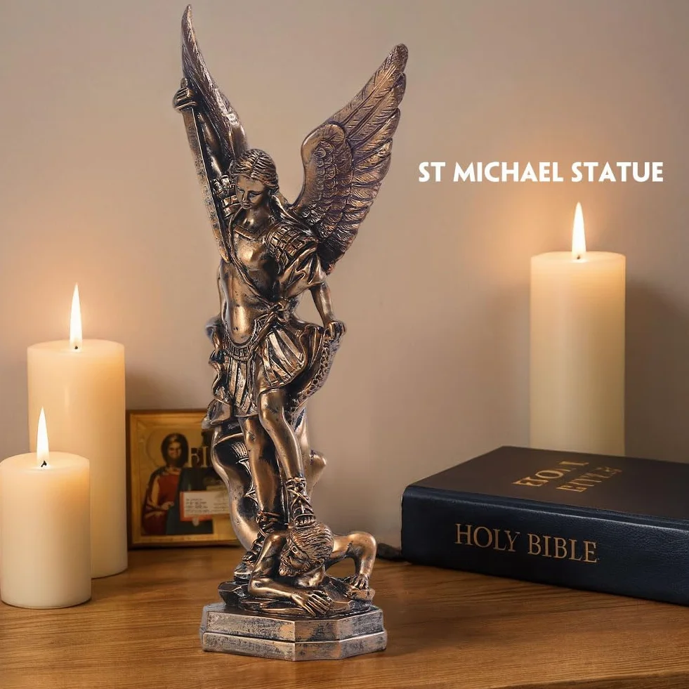 QIANLING 31,8 cm San Miguel Statuetka Archanioła, Statua św. Michała z żywicy pokrytej brązem, Święty Michał Archanioł zwycięstwo nad kolekcją szatana, nadaje się do kolekcji lub dekoracji