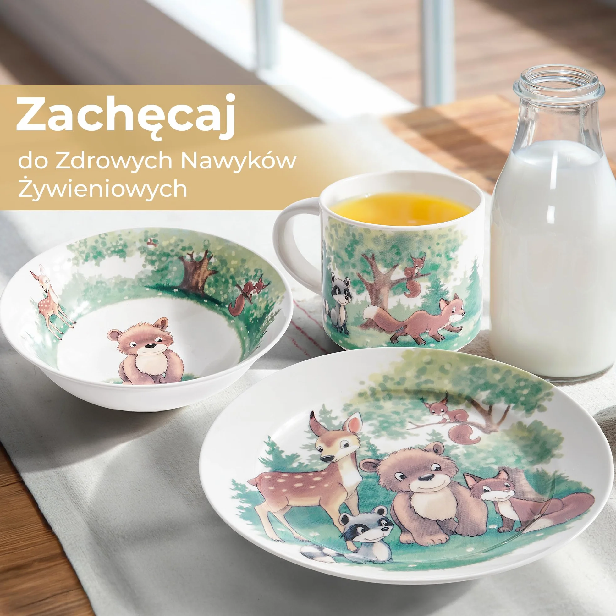 MIAMIO - Porzellan Zestaw Naczyń dla Dzieci - Talerz, Miska i Kubek (Las)