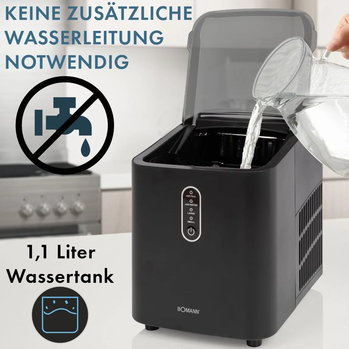 Bomann® Kostkarka do lodu szybka produkcja – kostki lodu w 10 minut | do 10 kg lodu w ciągu 24 godzin | maszyna do kostek lodu o 2 rozmiarach i zbiornik na wodę 1,1 l | w zestawie szufla do lodu | EWB