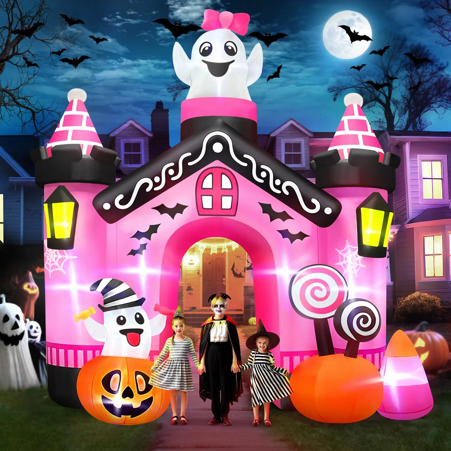 Kalolary 11FT Nadmuchiwany łuk w kształcie zamku wysokości Halloween dekoracja zewnętrzna, gigantyczny różowy łuk z uroczą dynią i duchem na imprezę halloweenową, na zewnątrz, do ogrodu, na trawnik