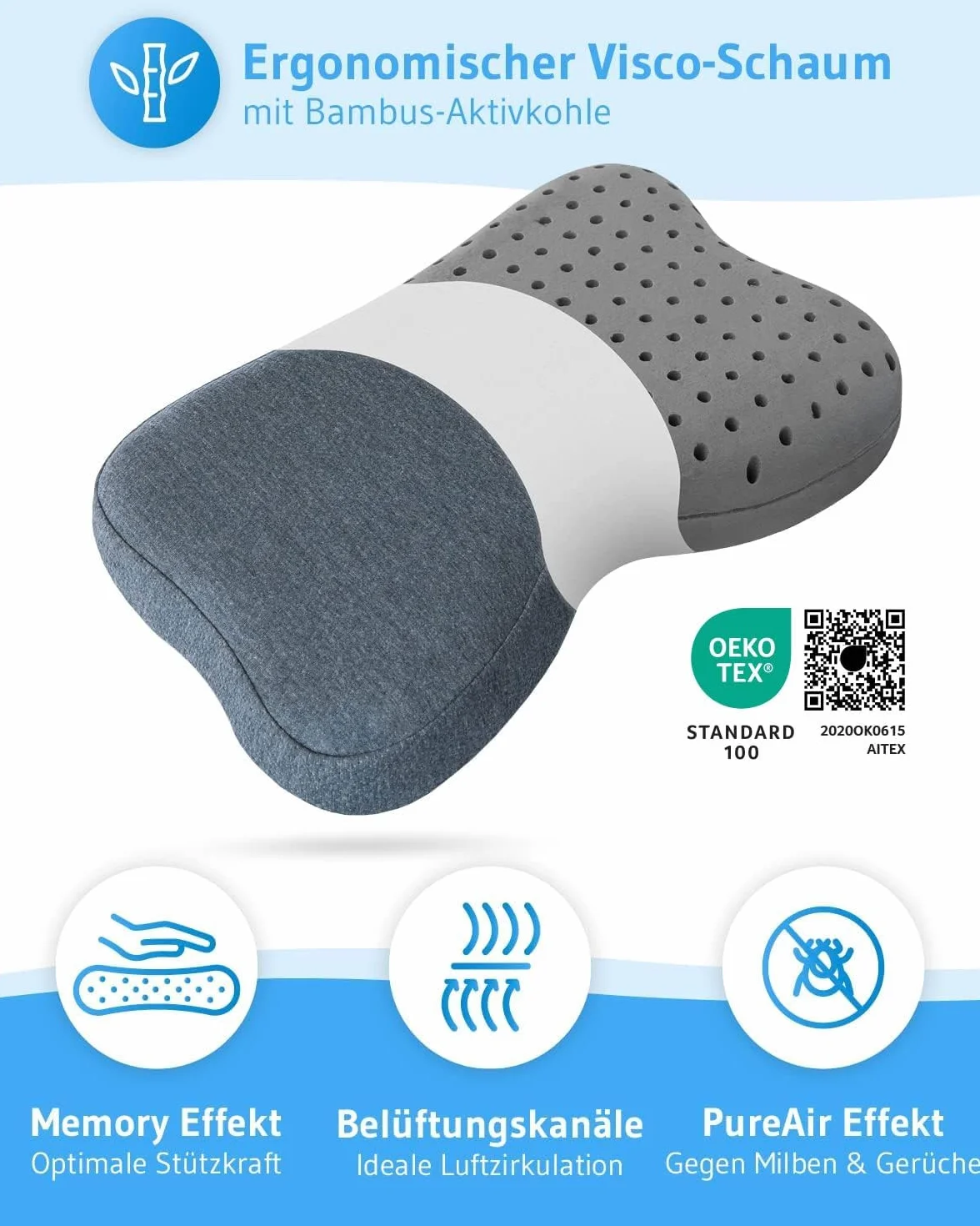 Poduszka na szyję Quickdry Recovery | Ergonomiczna poduszka z pamięcią kształtu z bambusowym węglem aktywnym, do spania z boku lub z tyłu, szybkoschnąca poszewka na poduszkę termoregulacyjną