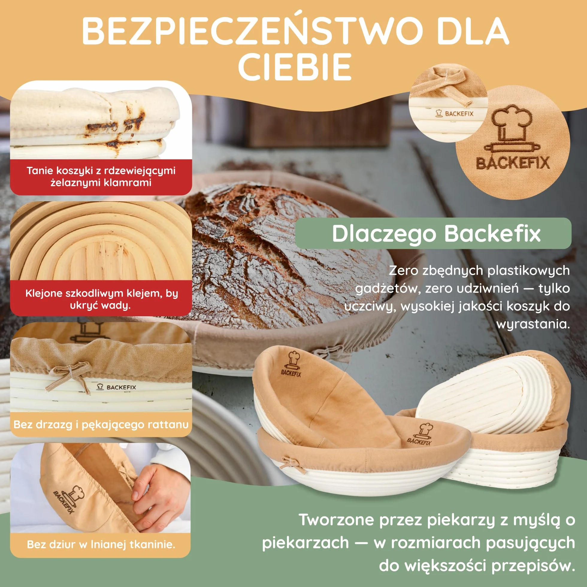 Backefix Koszyk do garowania chleba okrągły 25 cm wewnątrz mały 500 g do 1 kg chleba – zrównoważone i naturalne pieczenie chleba z koszem do garowania | koszyk do pieczenia chleba | odnawialna rura do