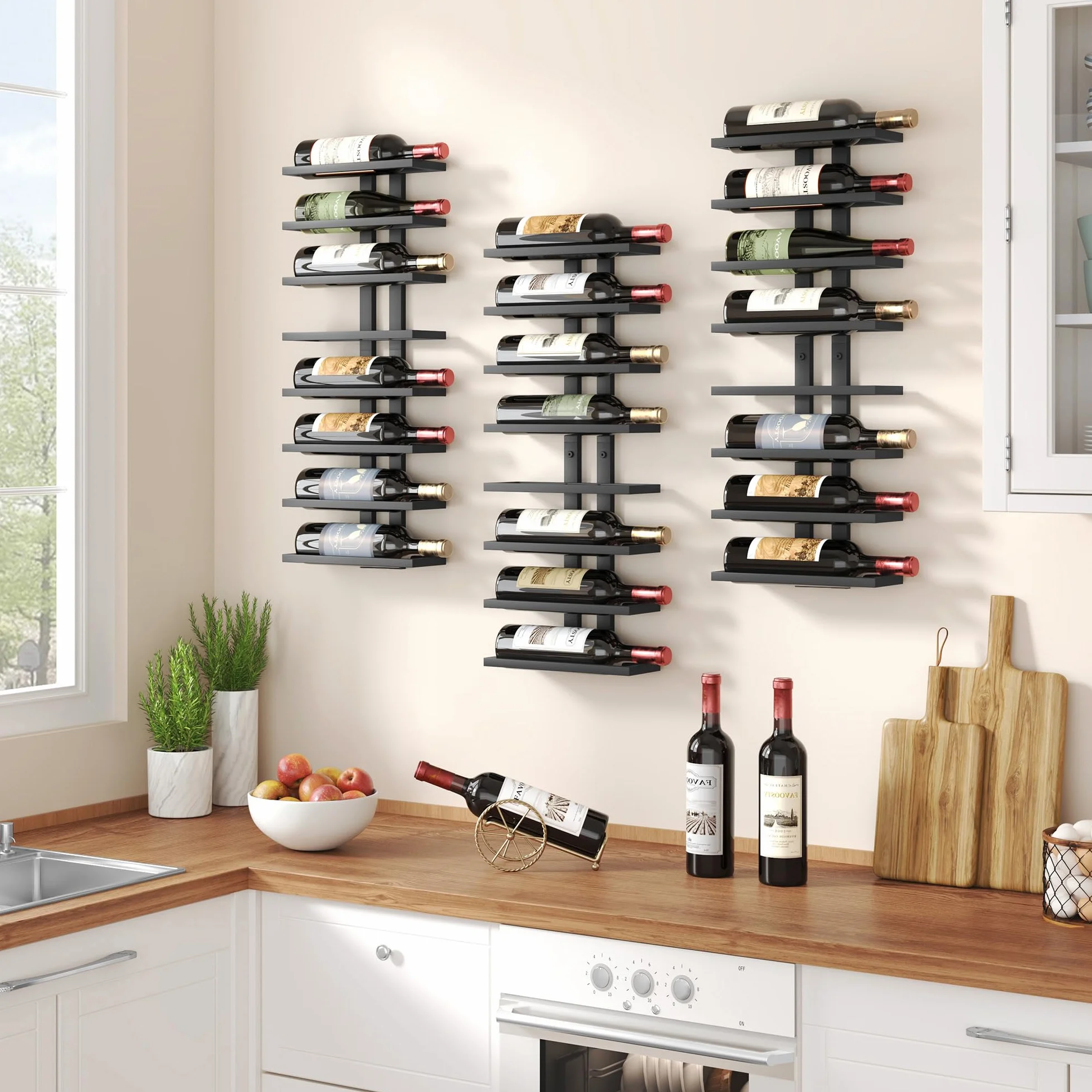 FAVOOSTY Wiszący Regał na Wino 3szt, Metalowy 8-Poziomowy do Piwnicy, Czarny