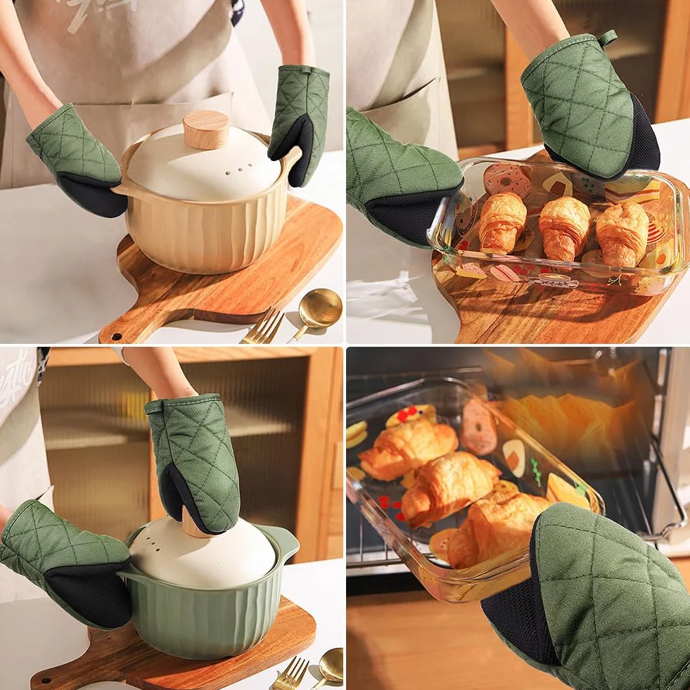 AUAUY 1 para krótkich rękawic kuchennych, zielone żaroodporne rękawice z neoprenu i bawełny, z powierzchnią i pętlą do zawieszenia, mini rękawice kuchenne urocze do gotowania, pieczenia, grillowania