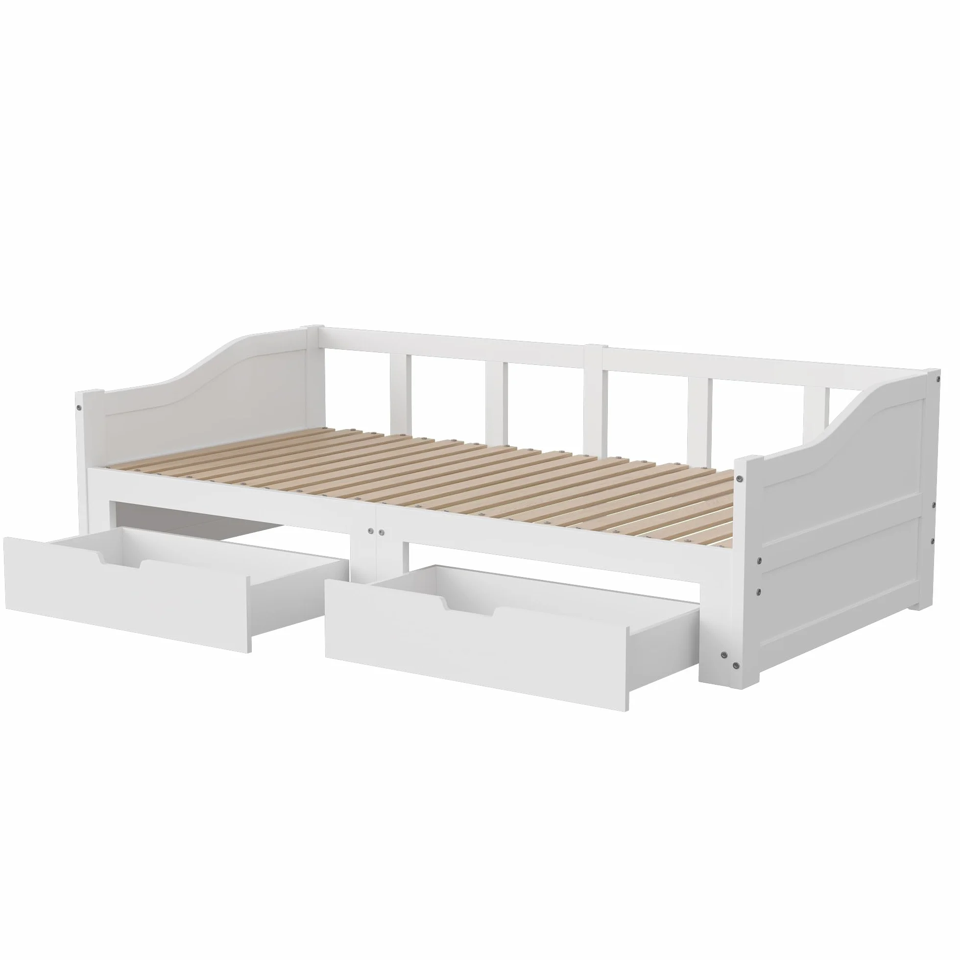 Sofa rozkładana 90/180 x 200 cm z litego drewna, składane łóżko z 2 szufladami, balustrada i podłokietniki, bez poduszek, idealna do pokoju dziecięcego lub salonu (lite drewno)