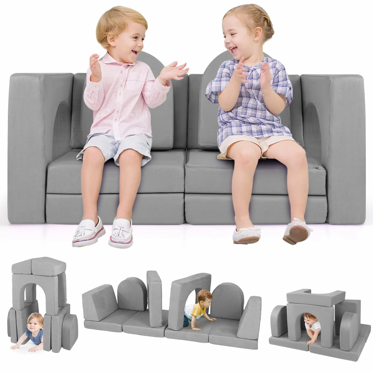 COSTWAY Sofa dziecięca 8-częściowa, sofa do zabawy z pianki z klocków z wygodnego zamszu, modułowa sofa do zabawy dla dzieci (szara)