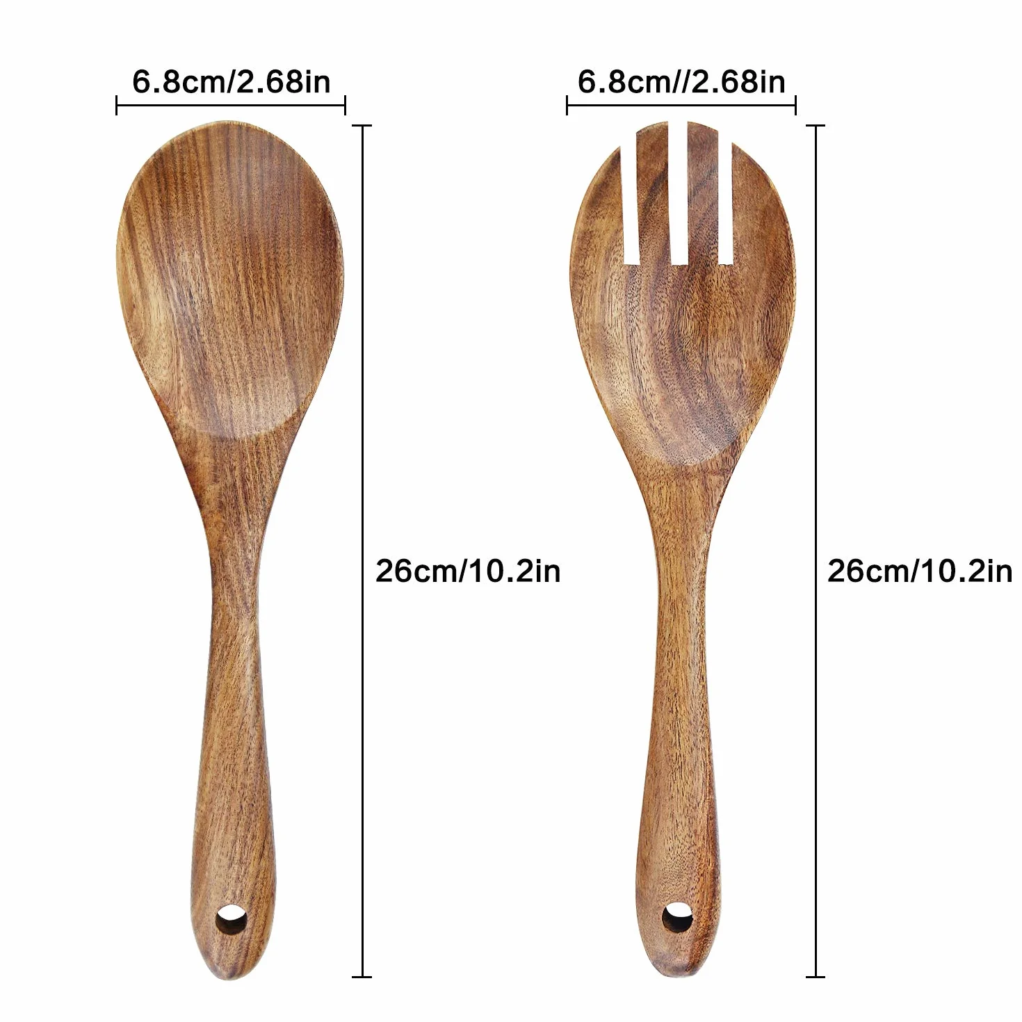 AOOSY 2 sztuki drewnianych serwerów do sałatek, 25 cm drewniane łyżki do serwowania, zestaw do mieszania sałatek, widelec obiadowy i łyżka, długi uchwyt, szczypce do sałatek, przybory kuchenne, zestaw