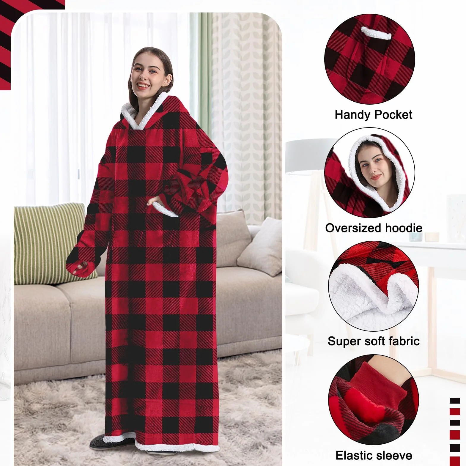 Koc oversize z kapturem Sherpa ciepły miękki bluza z kieszeniami unisex