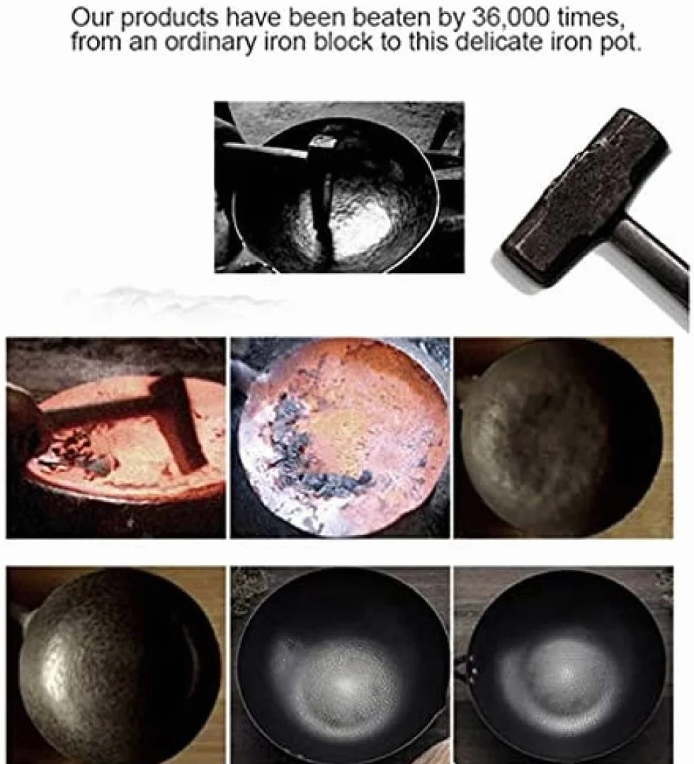 Wok ze stali węglowej kutej z drewnianym uchwytem, ręcznie kuta patelnia wok, garnek żeliwny odpowiedni do indukcji – średnica garnka 32 cm