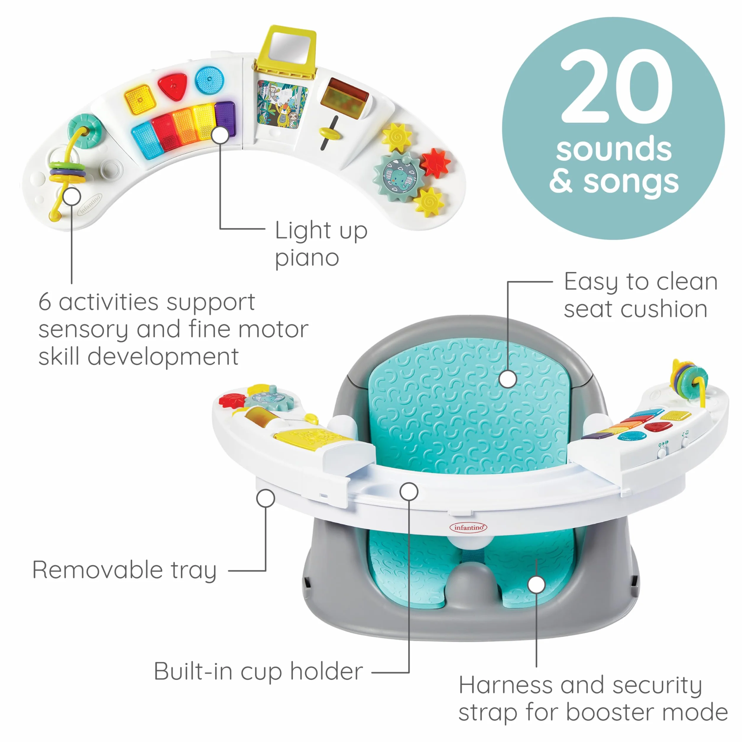 Infantino - Krzesełko do Karmienia i Eksploracji Discovery Growing Baby Booster 3 w 1 - Przekształcalne - Interaktywna Taca - Niebieskie