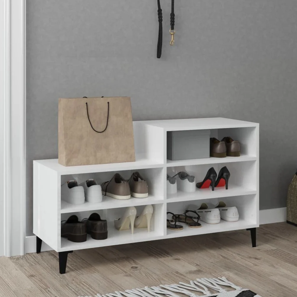 Regał na buty, wysoki połysk, biały, materiał drewnopochodny z metalowymi nóżkami 102 x 36 x 60 cm, 5 półek, płaski, wąski, do korytarza, korytarza, sypialni, porządku i przechowywania, z