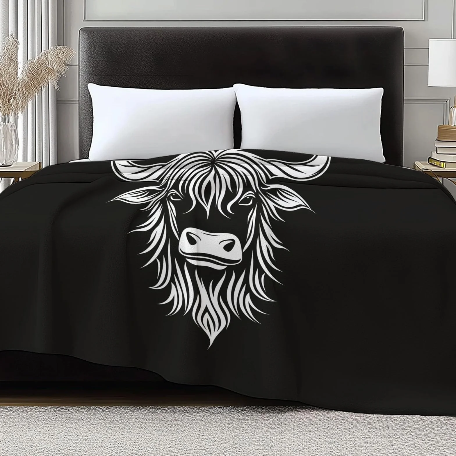 Koc flanelowy 220 x 240 cm Pojedyncze linie Bétails Highlands Puszysty koc z mikrofibry, na sofę i łóżko, miękki i ciepły koc flanelowy, czarny