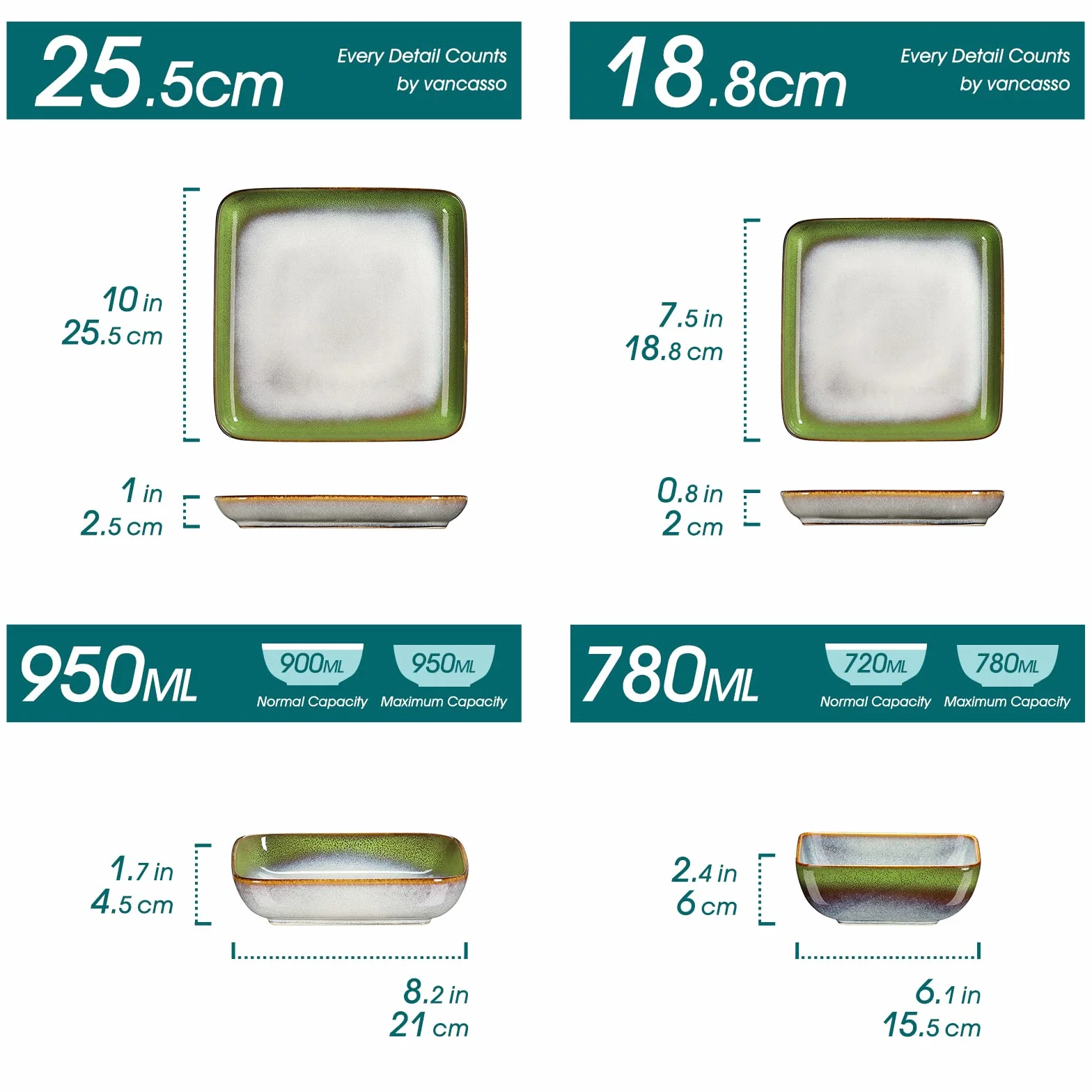 vancasso STERN 48-częściowy serwis obiadowy z kamionki, kwadratowy zestaw zastawy stołowej dla 4–12 osób, zawiera miseczki do musli, talerze głębokie, talerze deserowe i talerze obiadowe