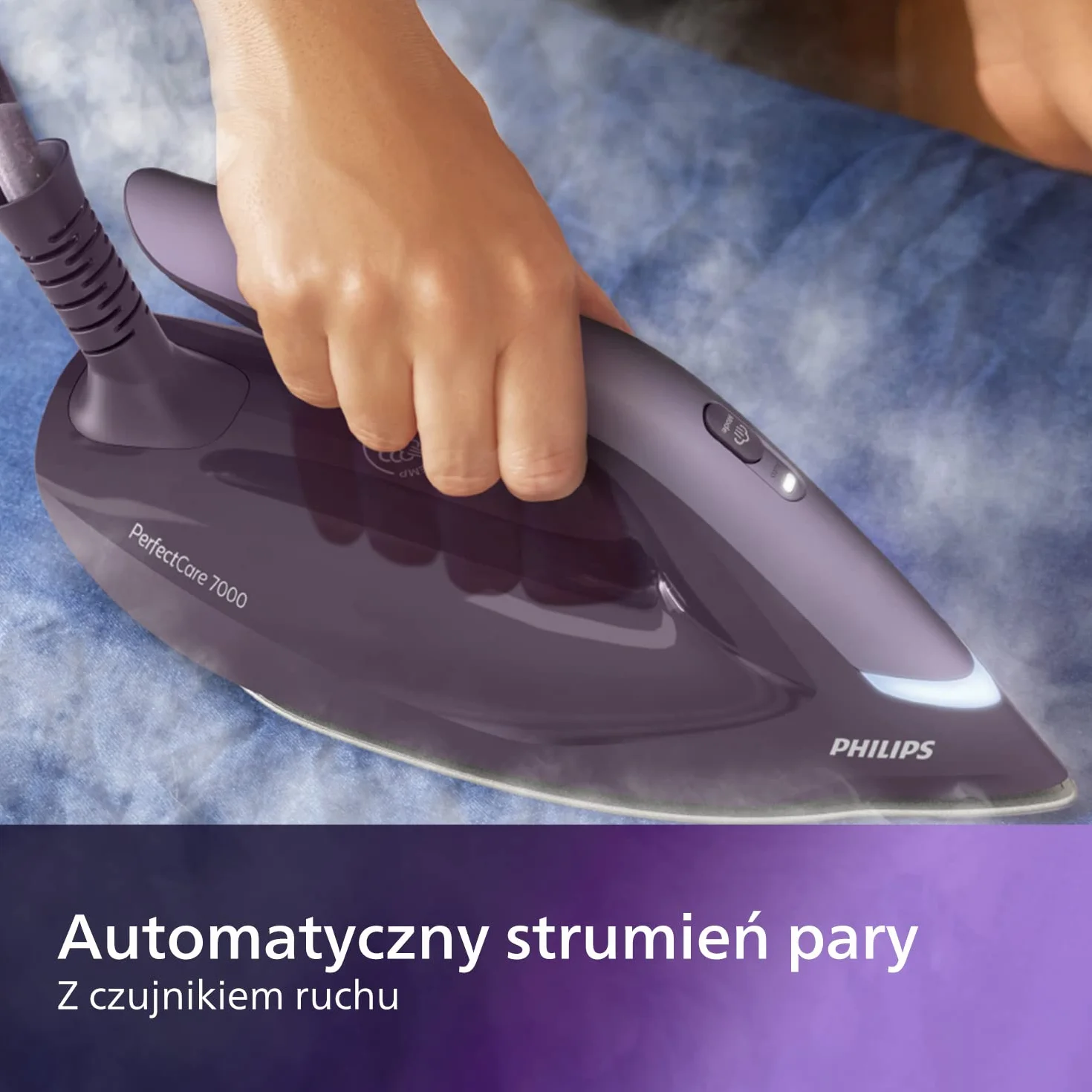 Philips Generator pary PerfectCare z serii 7000-2100W, Uderzenie pary 600g, Ciśnienie pompki 8 barów, Technologia OptimalTEMP, Zbiornik 1,8l, Fioletowy (PSG7150/30)