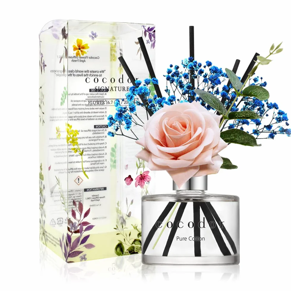 [Cocodor Pure Cotton] Olejek zapachowy 200 ml z różowymi patyczkami, eukaliptusem i zakonserwowanymi kwiatami, idealny do domu, kuchni, łazienki