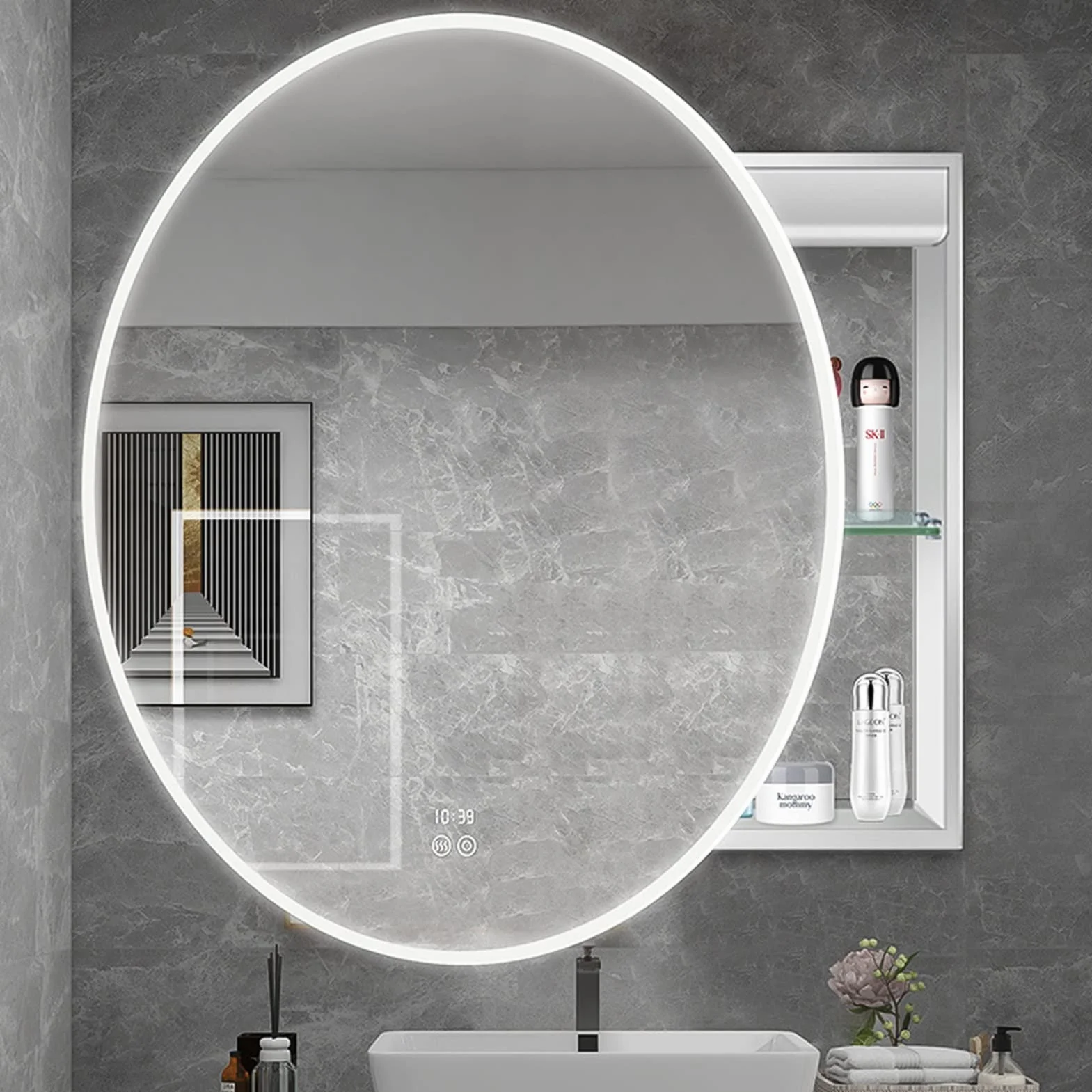 Lustro łazienkowe LED, Szafka z lustrem łazienkowym, szafki LED, organizer funkcją odmgławiania, ściemniacz, szafka ścienna ze szklanymi drzwiami(Silver,70cm)