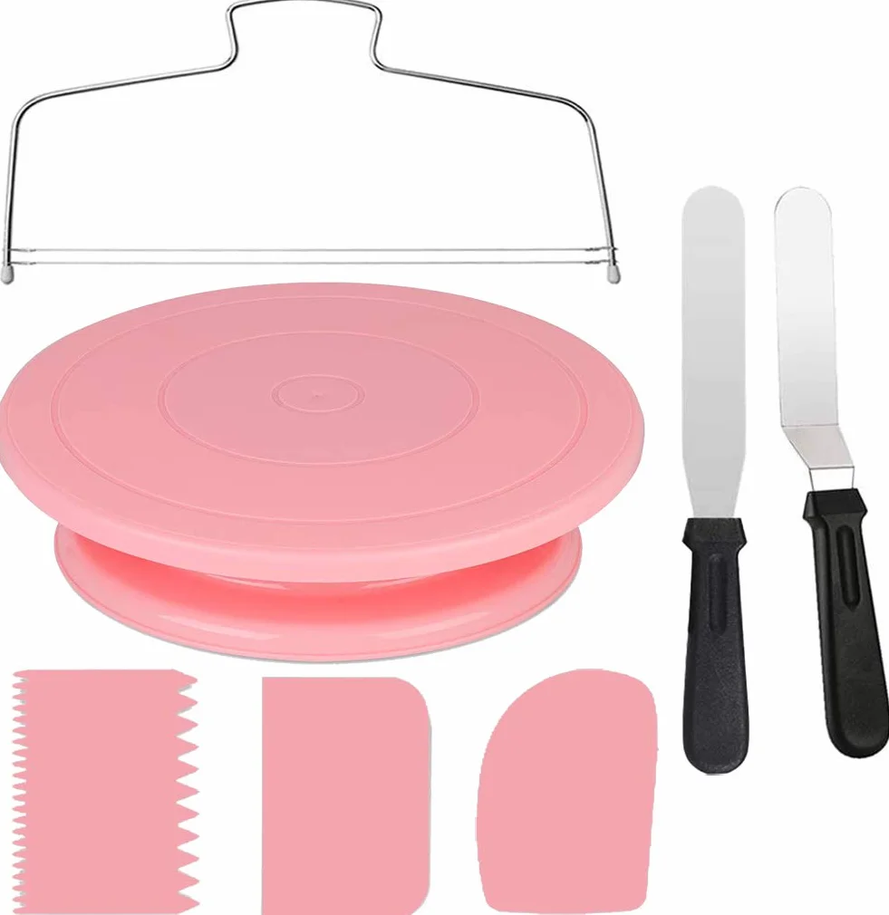 Gramofon do dekorowania ciast, materiały do dekorowania ciast z grzebieniem dekoracyjnym/gładkim lukrem (3 szt), 2 szpatułki do lukru z bokami i kątami... (różowa)