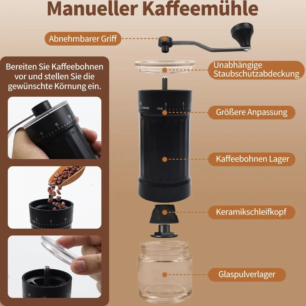 ręczny młynek do kawy, ręczna młynek do kawy w kolorze czarnym, ręczny młynek do kawy z ceramicznym mechanizmem mielącym, 40-stopniowa regulacja, do Aeropress, Espresso, Pour Over, French