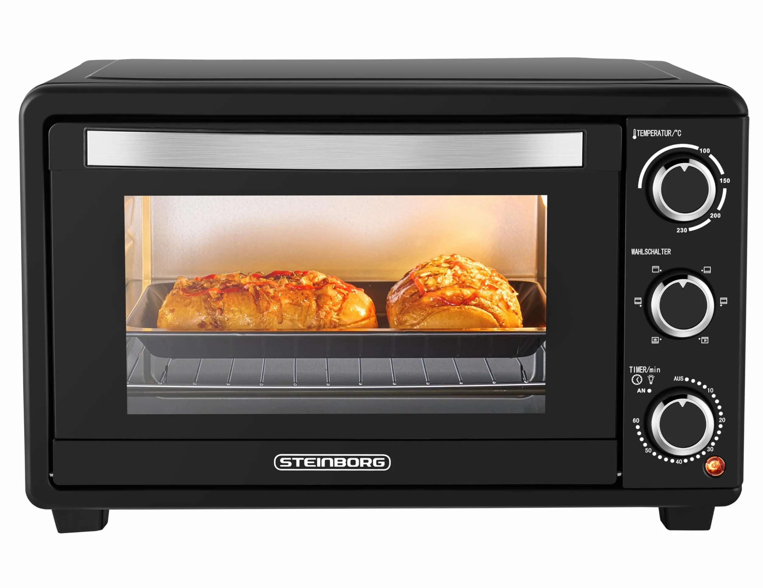 Steinborg Mini piekarnik z termoobiegiem, 25 litrów, elektryczny piec do pizzy, mini piekarnik 3 w 1, blacha na okruchy, ogrzewanie górne/dolne, energooszczędny 100-230°C, 60 min timer