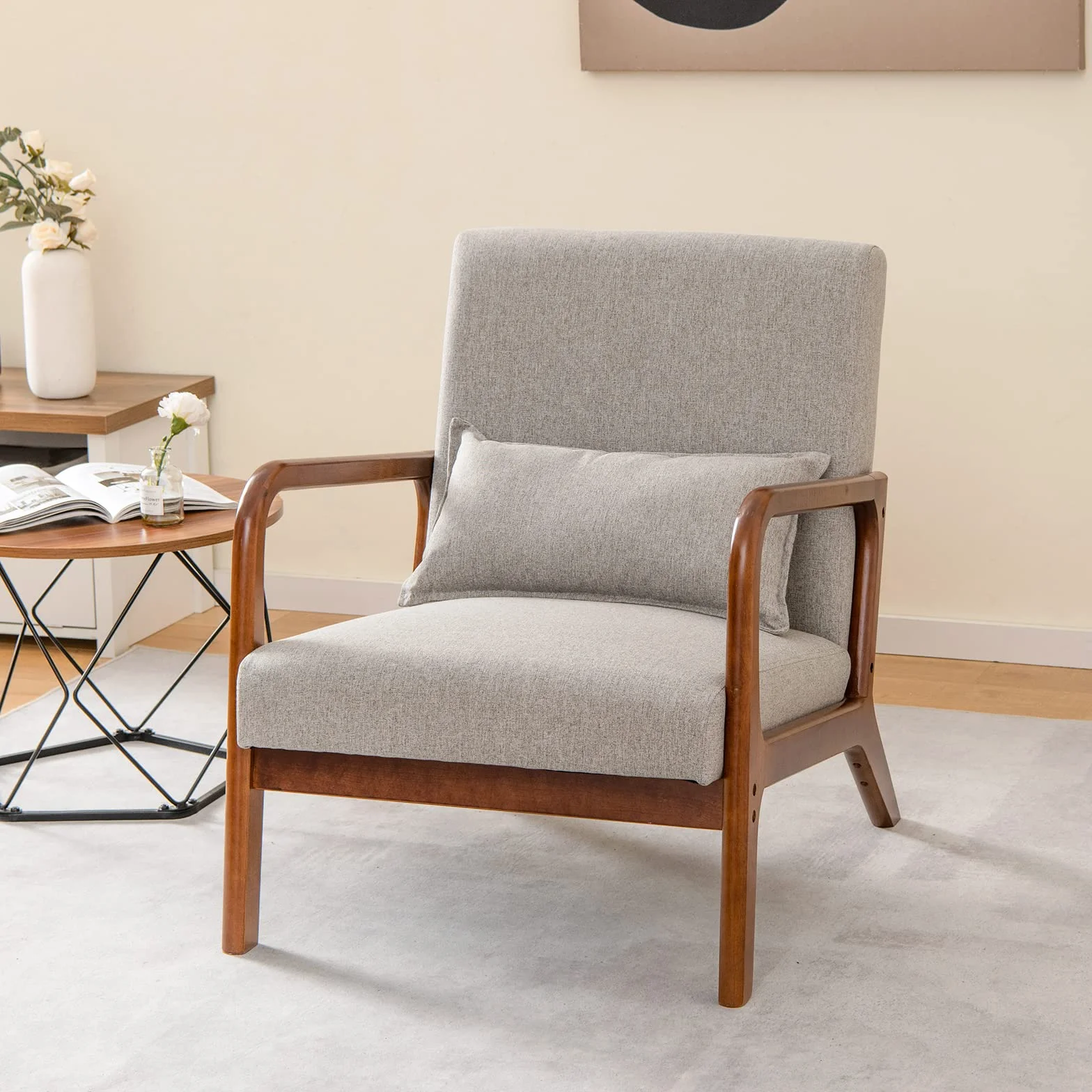COSTWAY Fotel do salonu, tapicerowany, nowoczesne krzesło, drewno, z podłokietnikami, jednoosobowa sofa do salonu, sypialni, 65 x 79 x 77 cm, szary