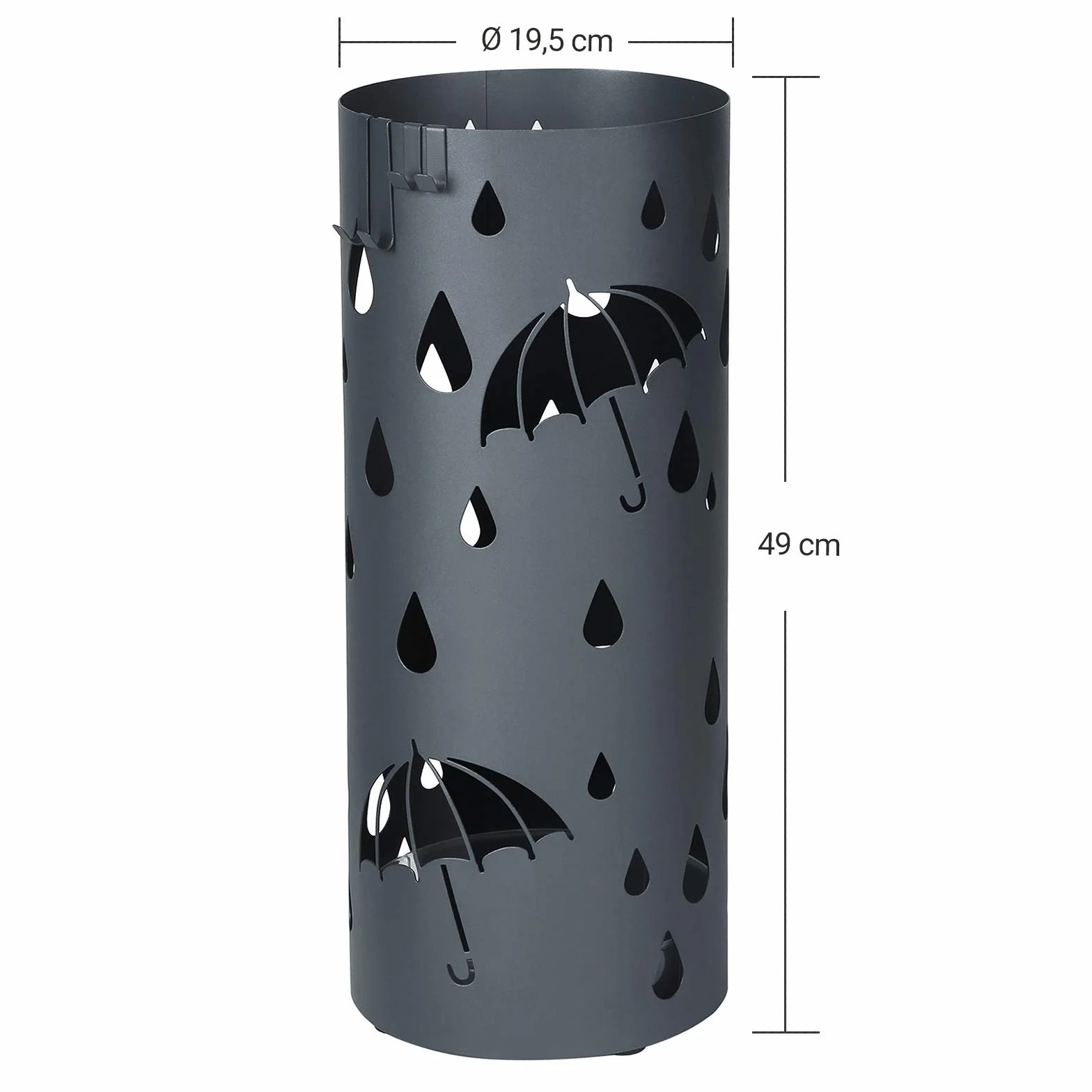 SONGMICS Metalowy stojak na parasol, uchwyt na parasole z tacą na wodę i haczykami, 19,5 x 49 cm (średnica x wys.), okrągły, matowy antracyt szary LUC23AG