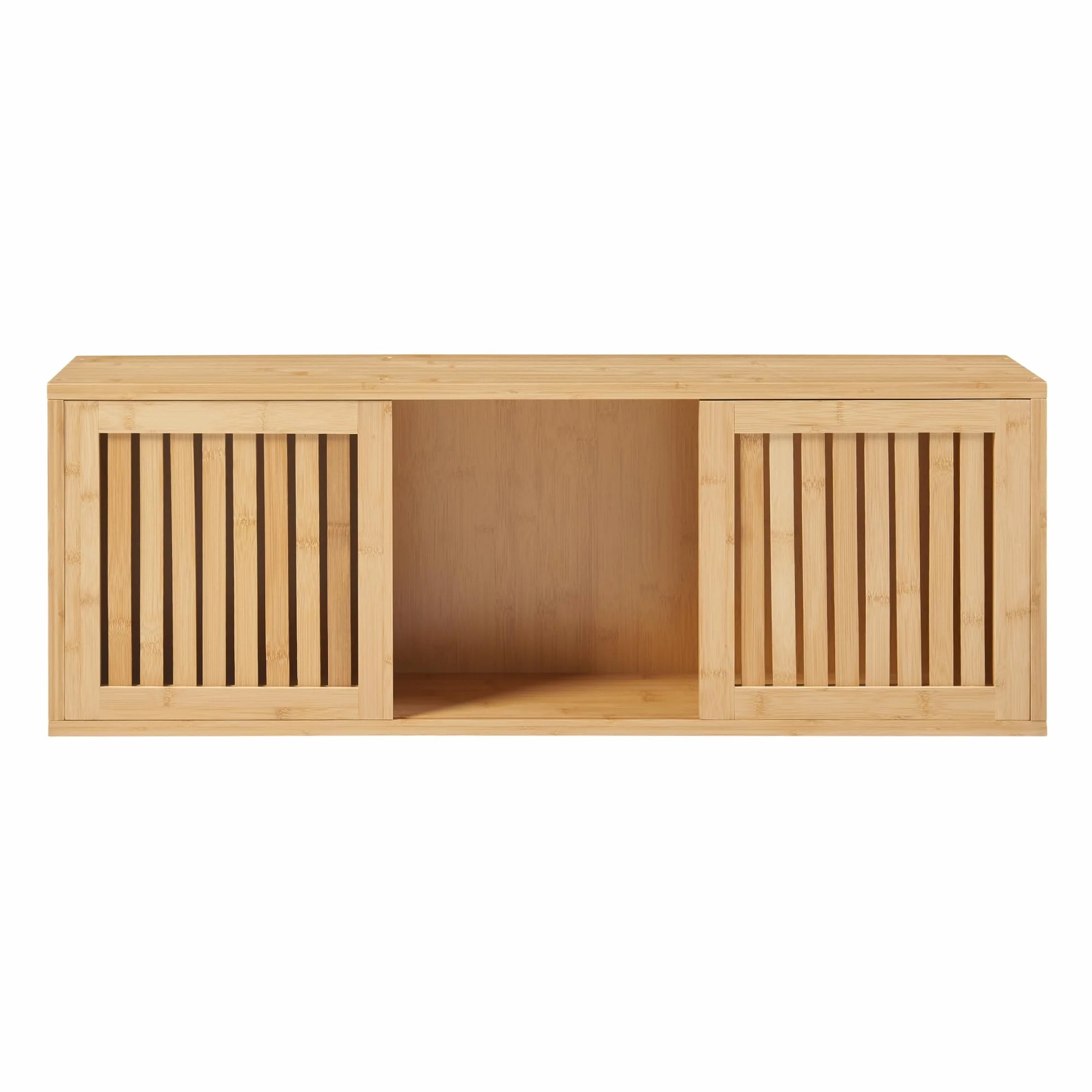 [en.casa] Grums Regał ścienny, regał wiszący z 2 drzwiami przesuwnymi, regał na książki, wiszący regał z bambusa, 92,5 x 20 x 33 cm, do salonu, kuchni, łazienki