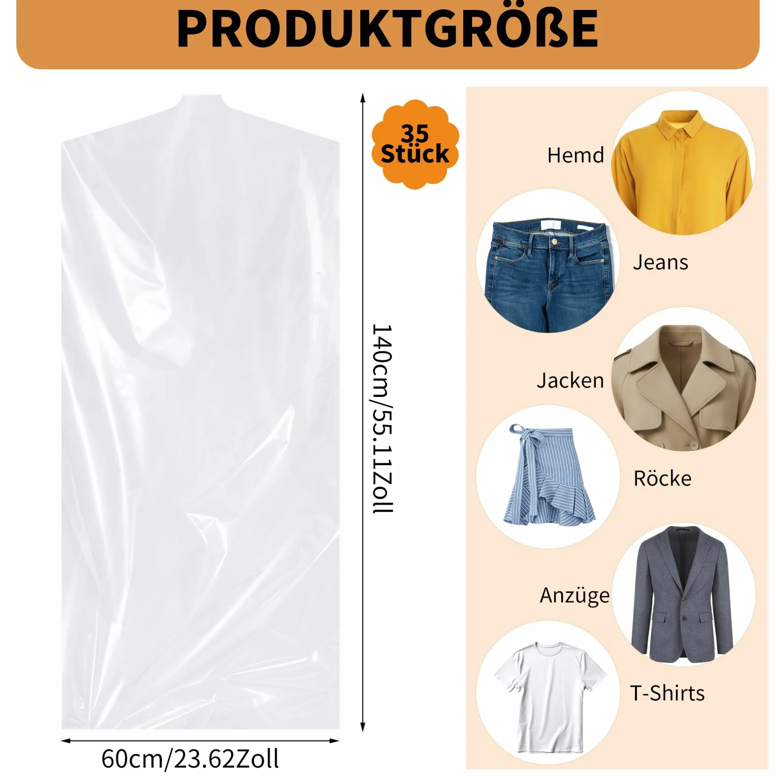 Dntorx 35 sztuk pokrowców na ubrania 60 x 140 cm, przezroczyste pokrowce na ubrania z tworzywa sztucznego, szczelne pokrowce ochronne do zawieszenia, do przechowywania garniturów, koszul, płaszczy