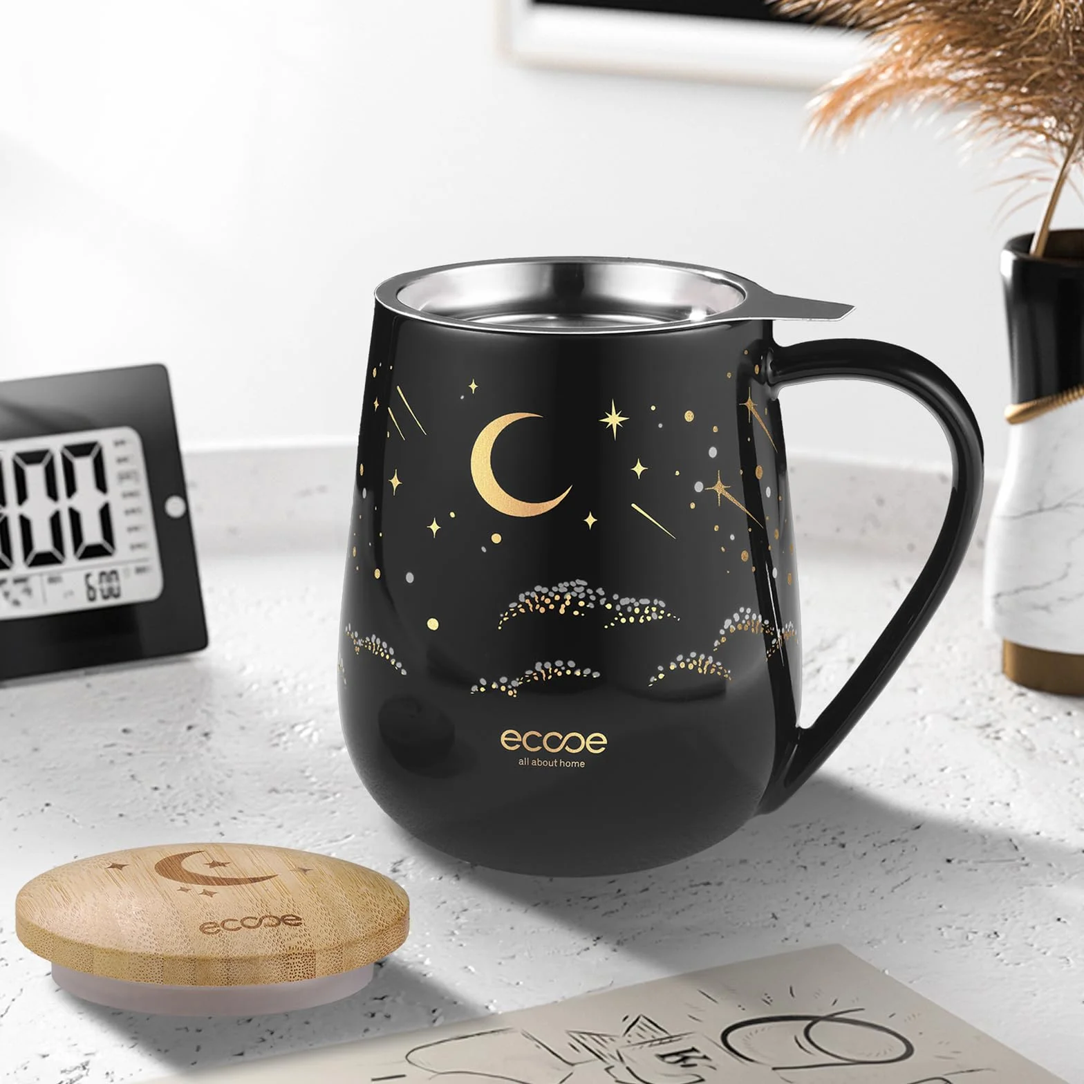 ecooe Filiżanka do herbaty z pokrywką i sitkiem – 600 ml ceramiczna filiżanka do herbaty, duże filiżanki do herbaty z sitkiem i pokrywką, czarne ceramiczne kubki do herbaty zestaw z uchwytem na