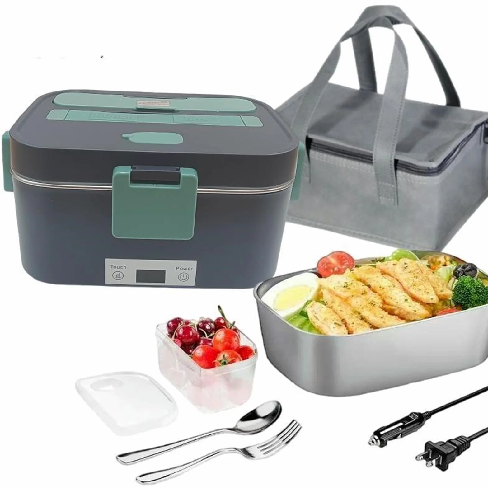 Elektryczny pojemnik na lunch dla dorosłych, przenośny, elektryczny pojemnik na lunch, wyposażony w izolowaną torbę i sztućce, idealny do pracy, szkoły i podróży (szary + zielony)