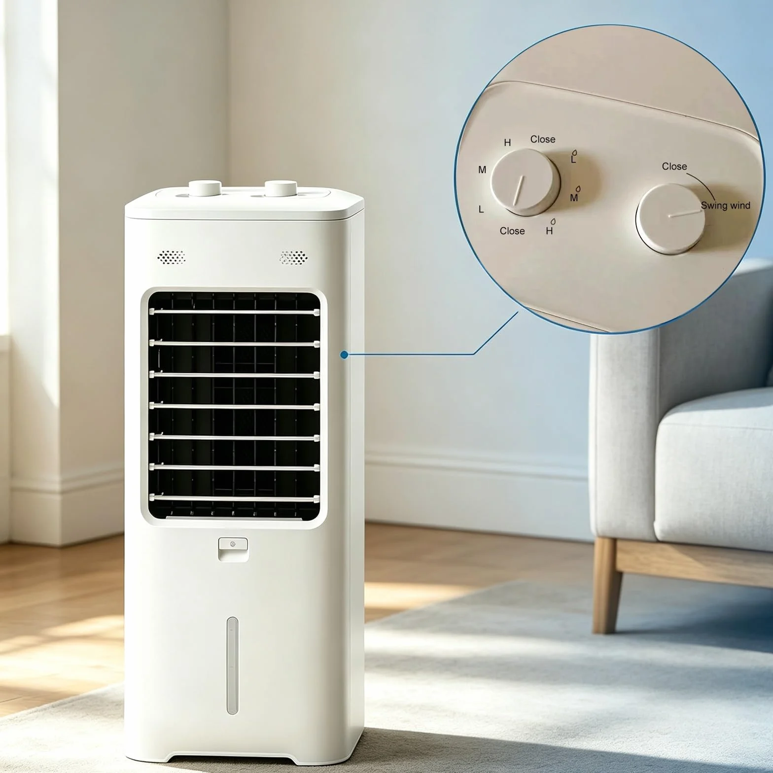 Ewaporacyjny Schładzacz Przenośny Klimatyzator ze Sterowaniem Mechanicznym | Tworzywo ABS, 60W, do Sypialni i Salonu, Zbiornik 5.5L Pudełko na Aromat Sterowanie Pokrętłem, Biały