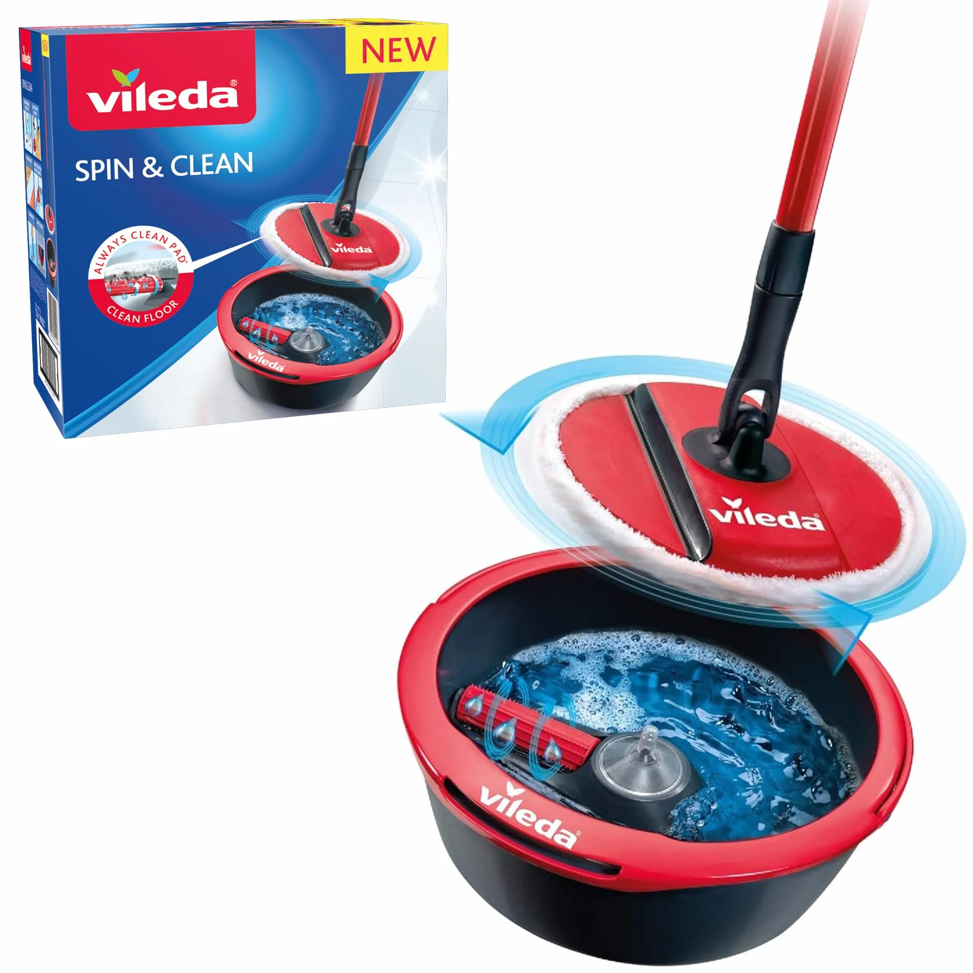 Vileda Spin & Clean Zestaw Mop i Wiadro 10 l Czarny Czerwony