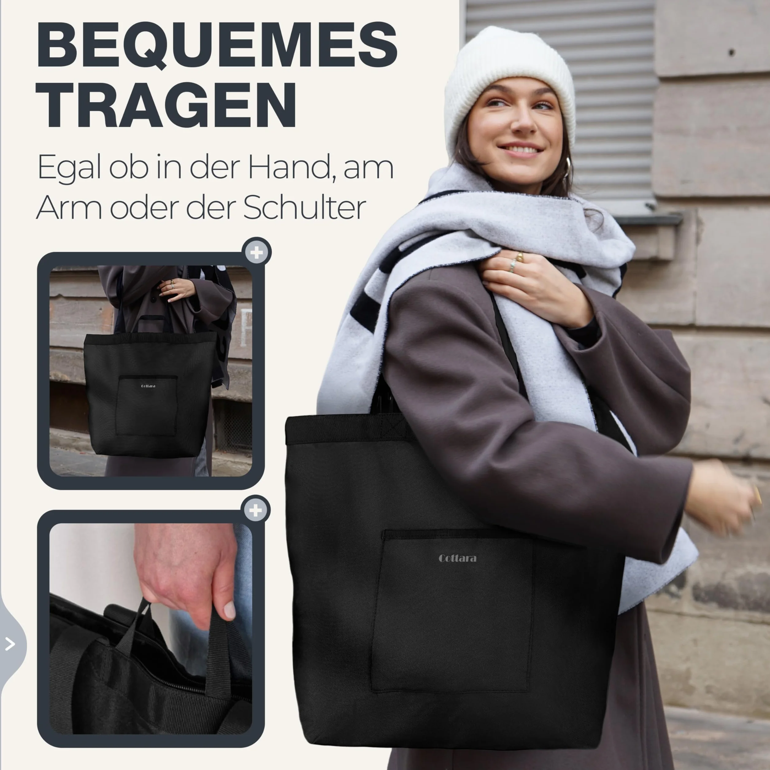 COTTARA® Torba na zakupy, składana, duża, z zamkiem błyskawicznym, wzmocnionym dnem i wodoodpornym materiałem, idealna jako torba rekreacyjna, torba na zakupy lub torba kąpielowa, czarna, 40 l