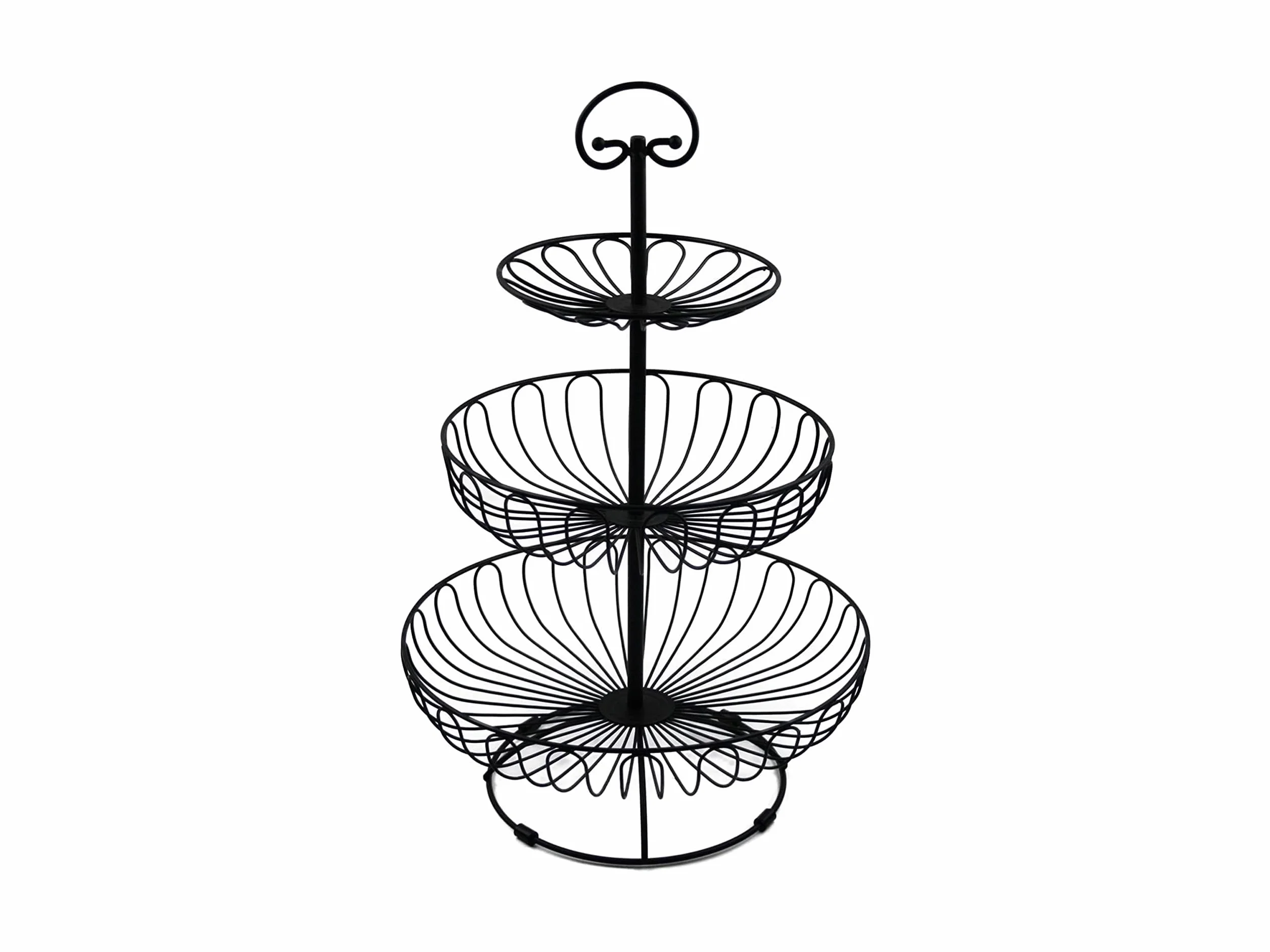 Filigranowa etażerka na owoce, 3-poziomowa, okrągła, średnica = 30 cm, wysokość 47 cm, kosz na owoce, miska na owoce, metalowa, czarno-matowa, dekoracyjna, zapewnia więcej miejsca na blacie